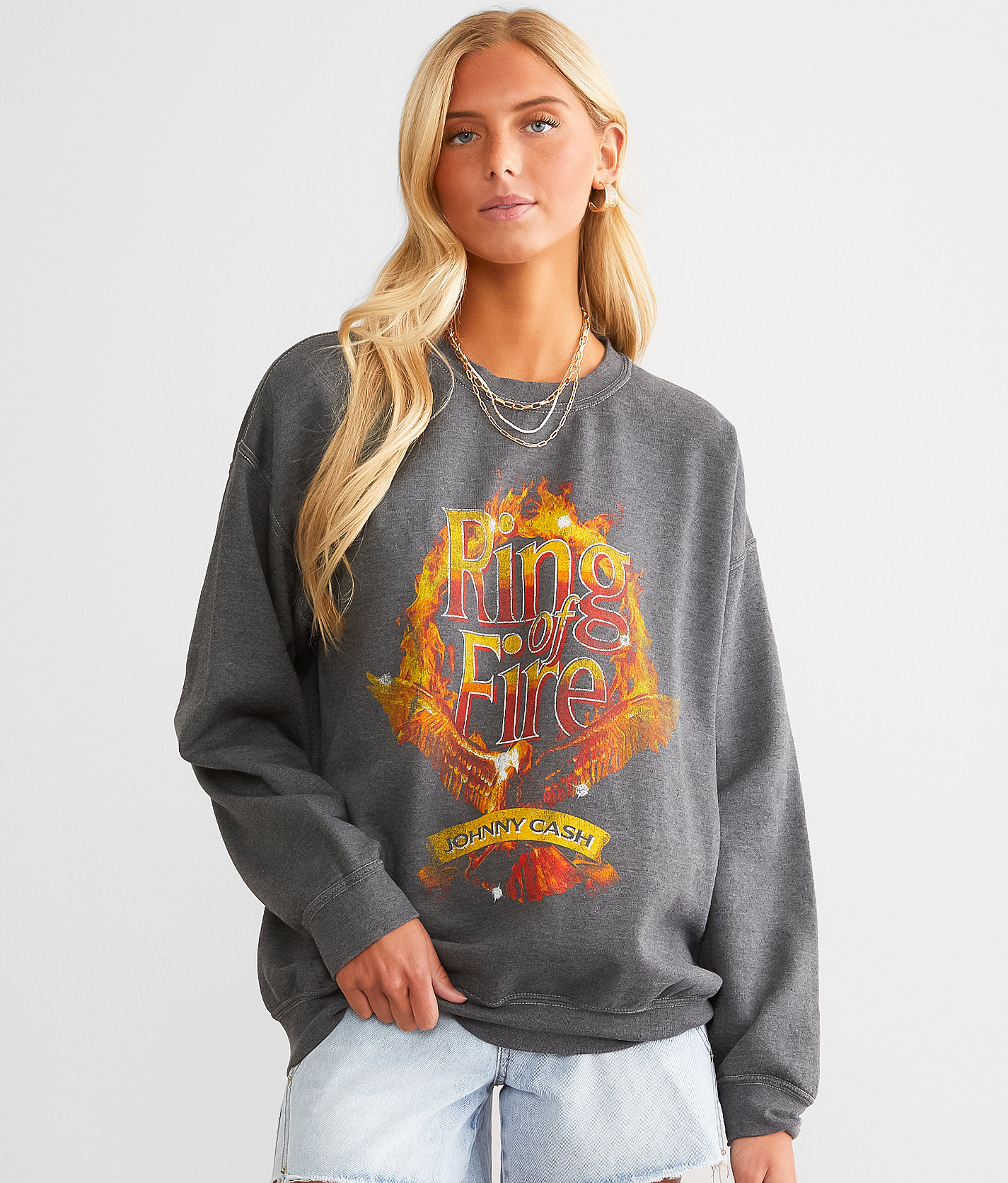 Merch Traffic Johnny Cash Ring Of Fire Band Pullover - Women's Sweatshirts in Black