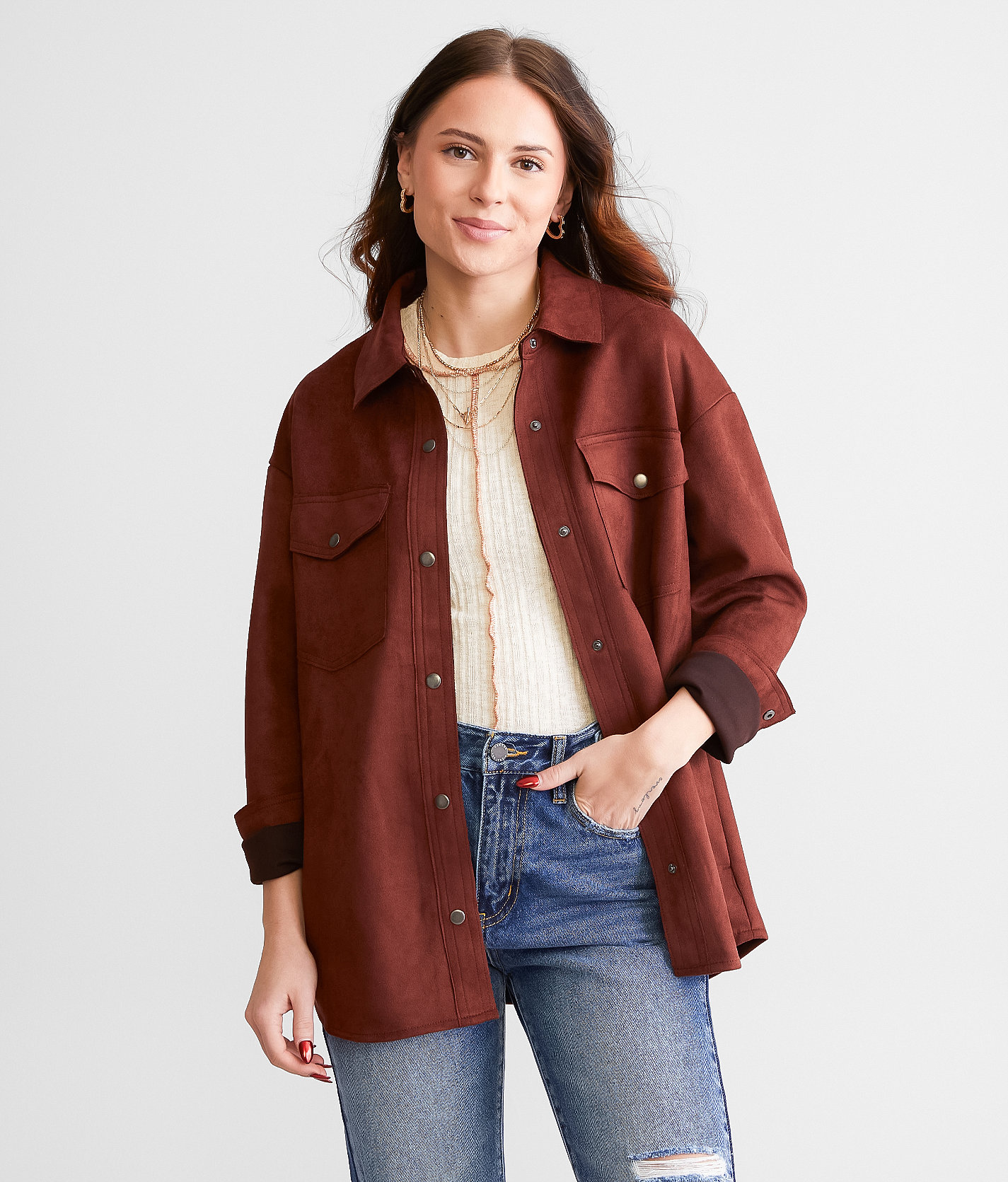 Willow & Root Faux Suede Shacket - Women's Coats & Jackets in Rum Raisin