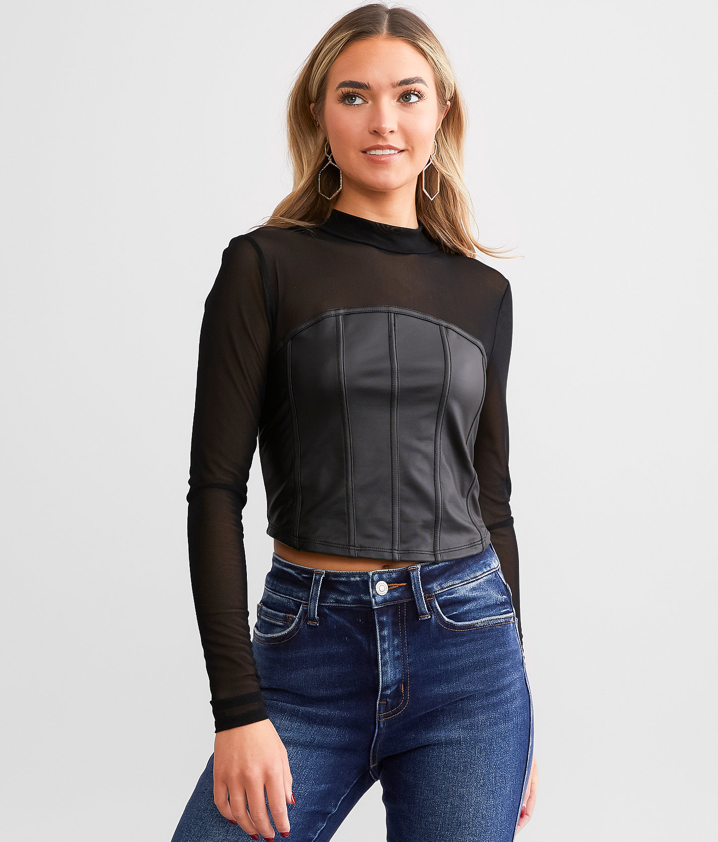 red by BKE Faux Leather Mesh Top - Women's Shirts & Blouses in Black