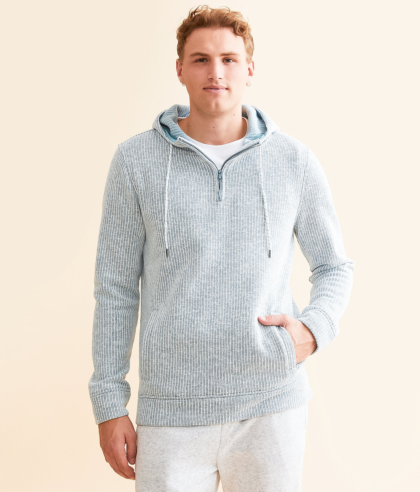Departwest Striped Quarter Zip Hooded Sweatshirt - Men's Sweatshirts in Stone Blue