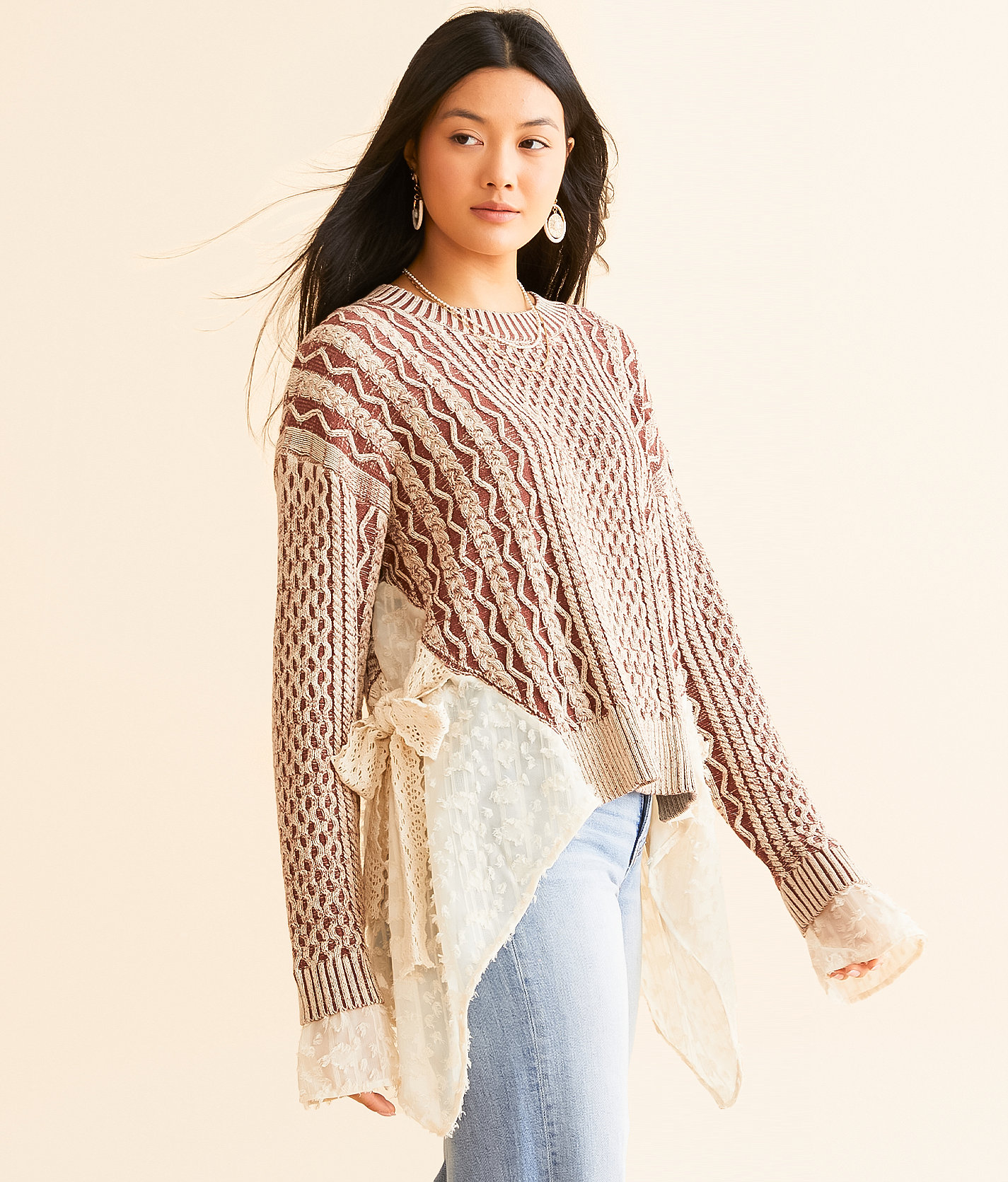 Miss Me Cable Knit Pieced Mesh Sweater - Women's Sweaters in Rose Gold