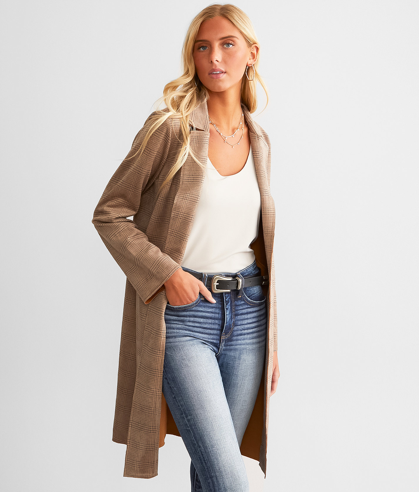 Buckle Black Plaid Trench Flyaway Jacket - Women's Coats & Jackets in Mocha Blk