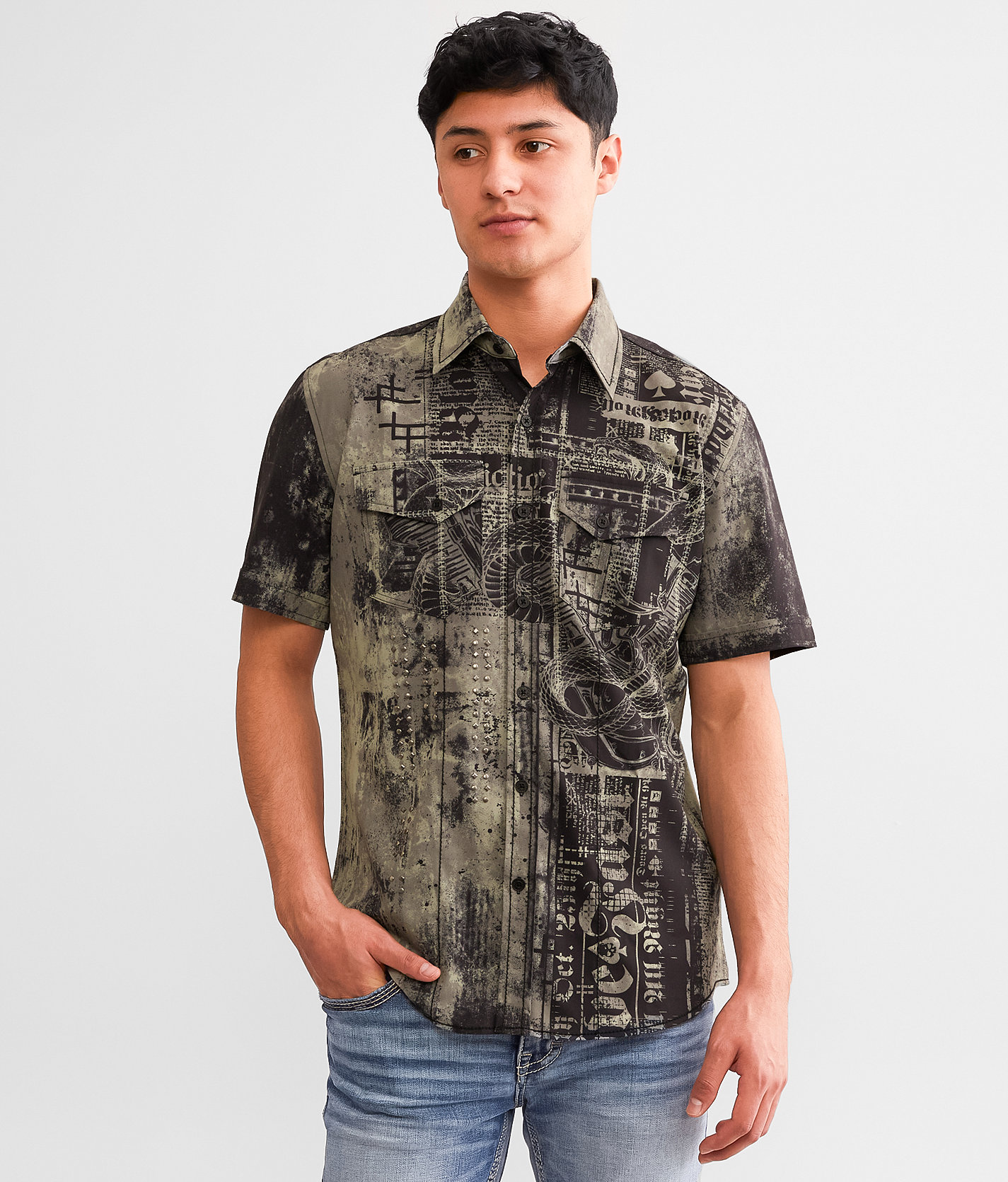 Affliction Motorway Chaos Stretch Shirt - Men's Shirts in Khaki