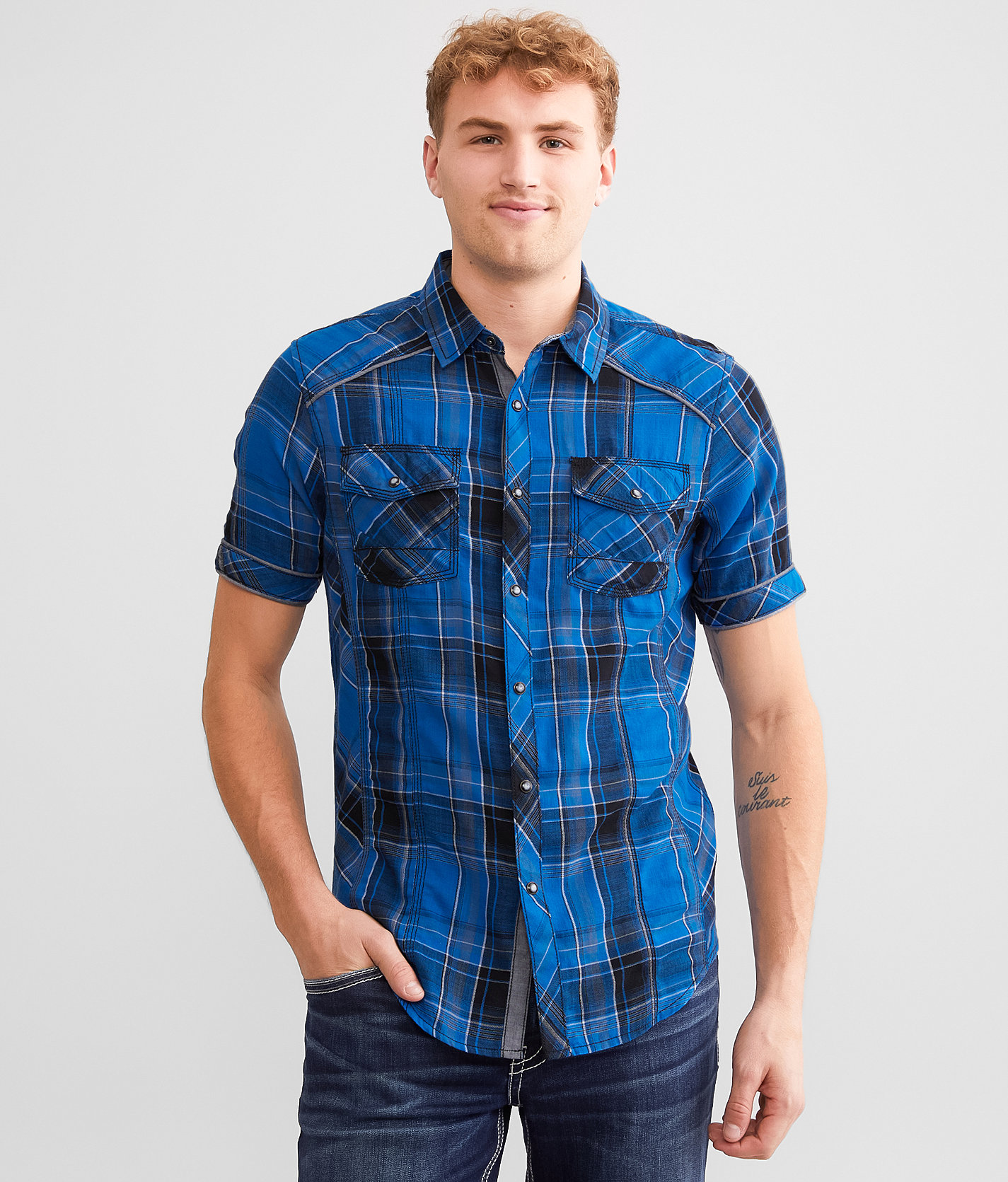 BKE Plaid Tailored Shirt - Men's Shirts in Blue Black
