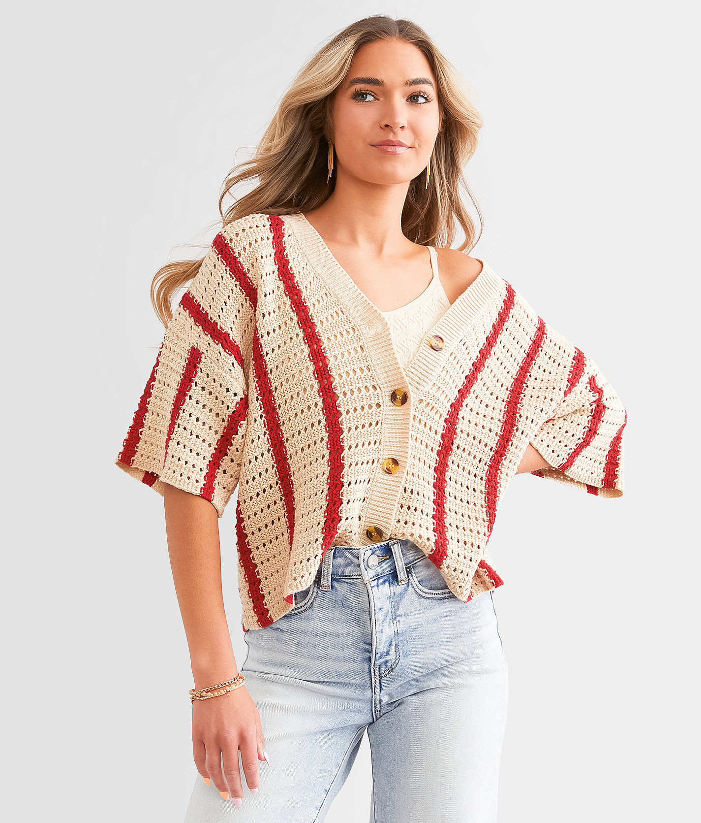 LE LIS Striped Cardigan Sweater - Women's Sweaters in Cream Red