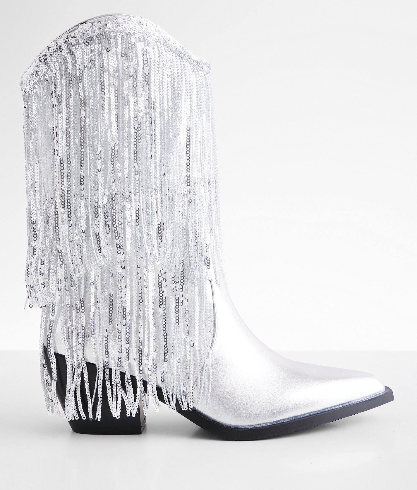 Azalea Wang Joyful Sequin Fringe Western Boot - Women's Shoes in Silver