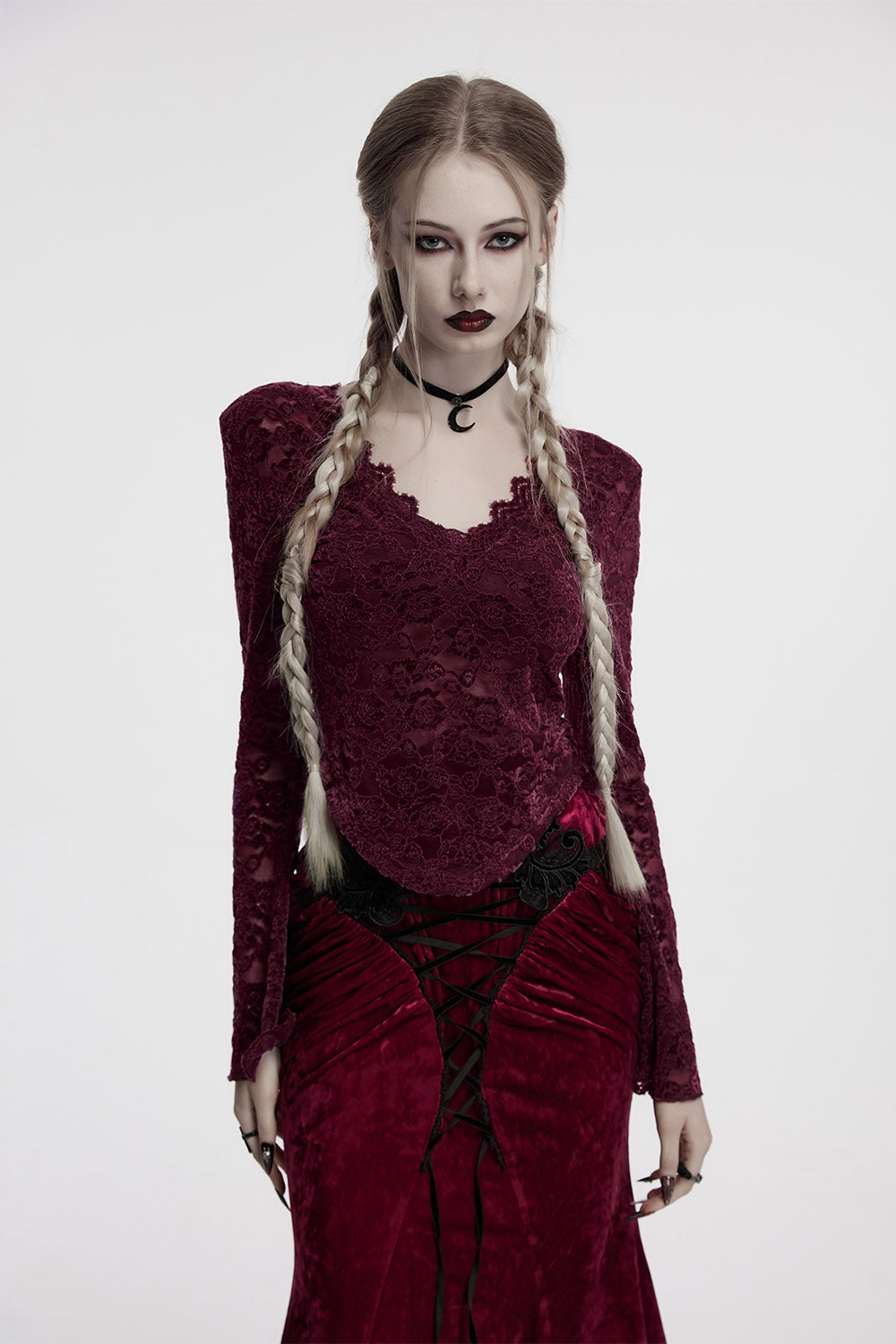 Merlot Long Sleeve Lace Shirt [Red]