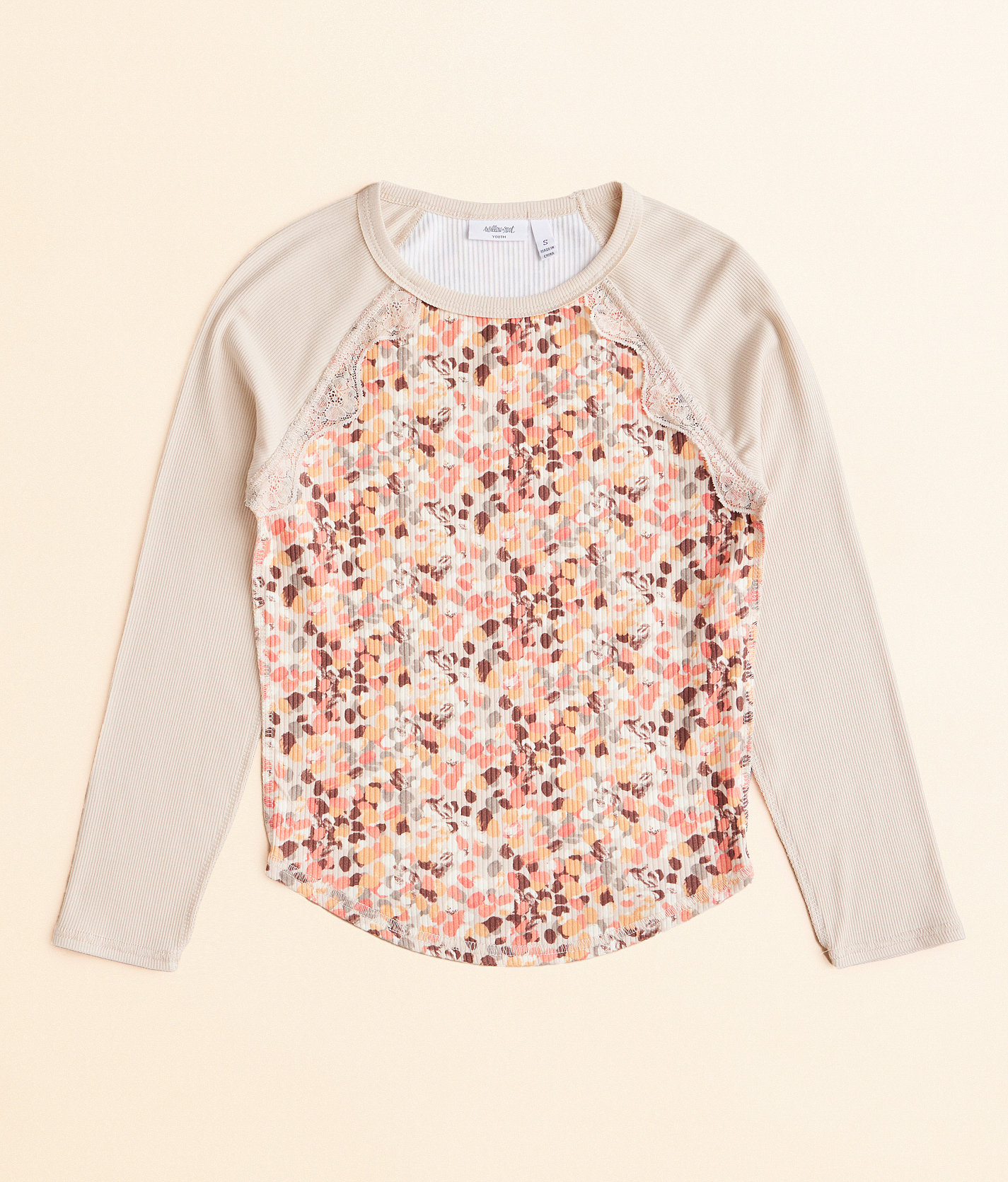 Girls - Willow & Root Ribbed Lace Trim Top - Girl's Shirts & Blouses in Taupe