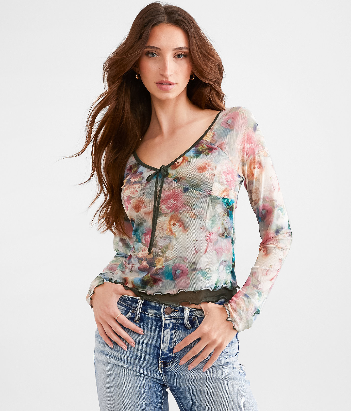 Willow & Root Floral Mesh Layered Crop Top - Women's Shirts & Blouses in Agave Green