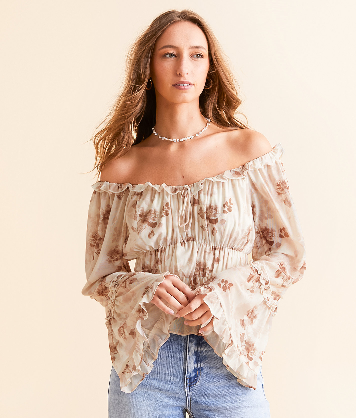 Willow & Root Floral Mesh Ruffle Top - Women's Shirts & Blouses in Cream