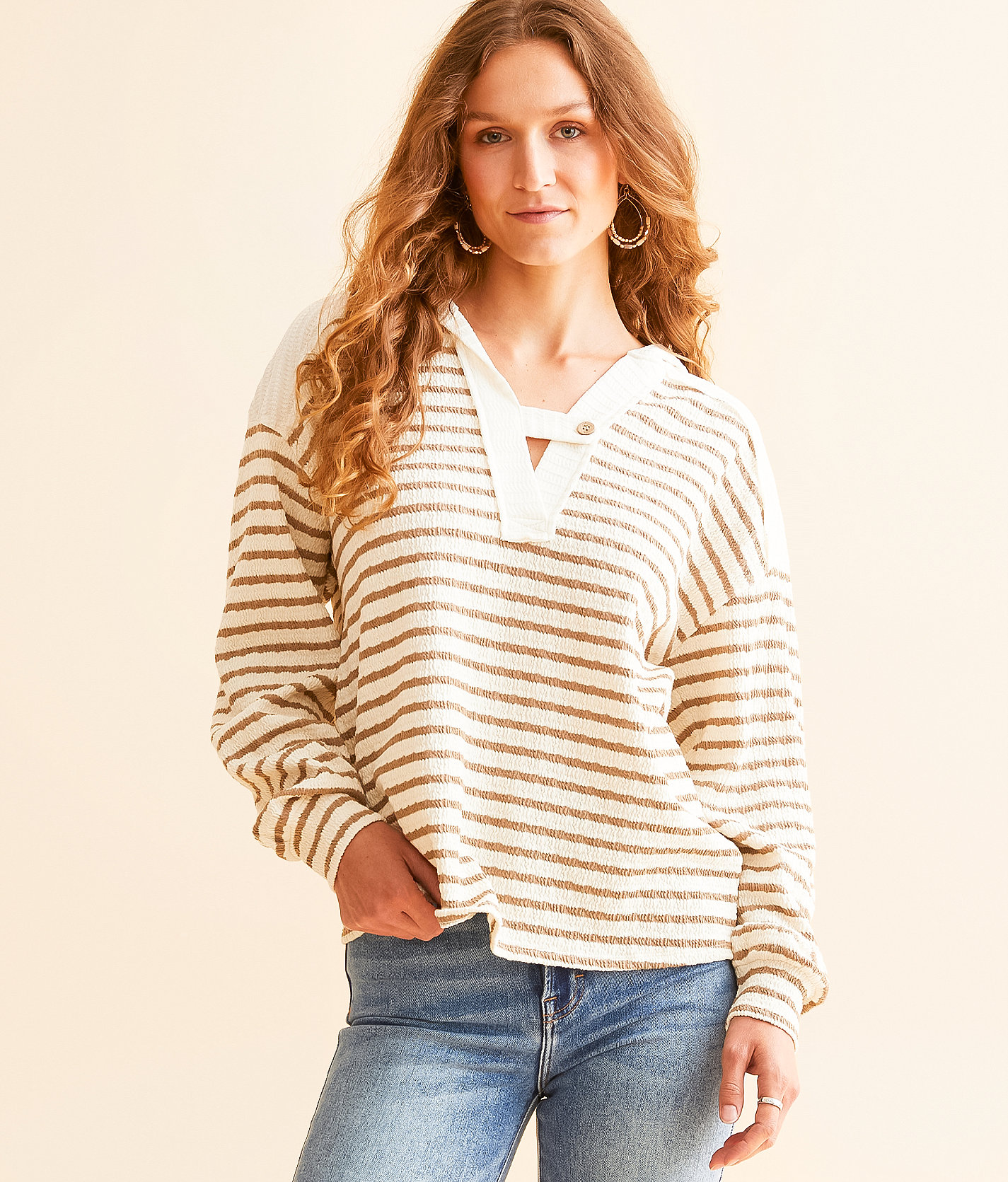 BKE Striped Knit Hoodie - Women's Sweatshirts in Cream Taupe