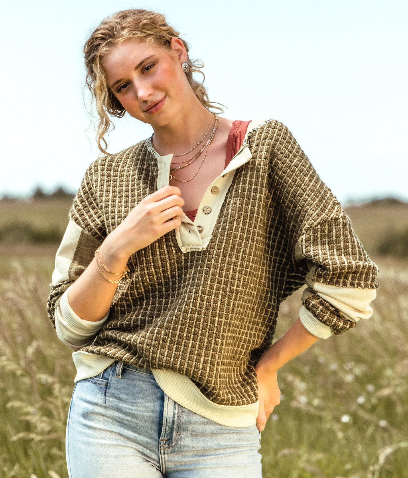 Gimmicks Checker Henley Sweater - Women's Sweaters in Dark Olive