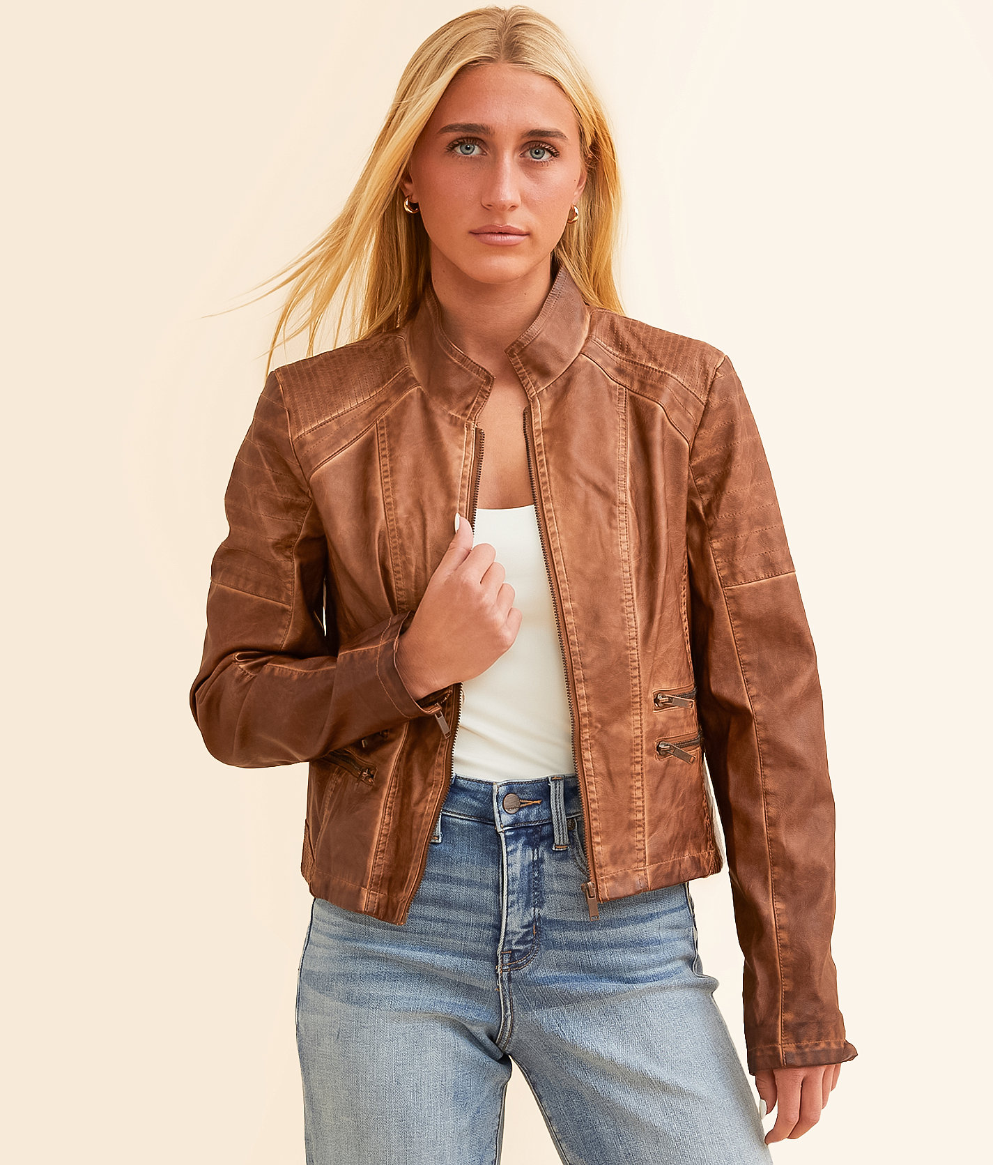 Stoosh Faux Leather Cropped Jacket - Women's Coats & Jackets in Tobacco