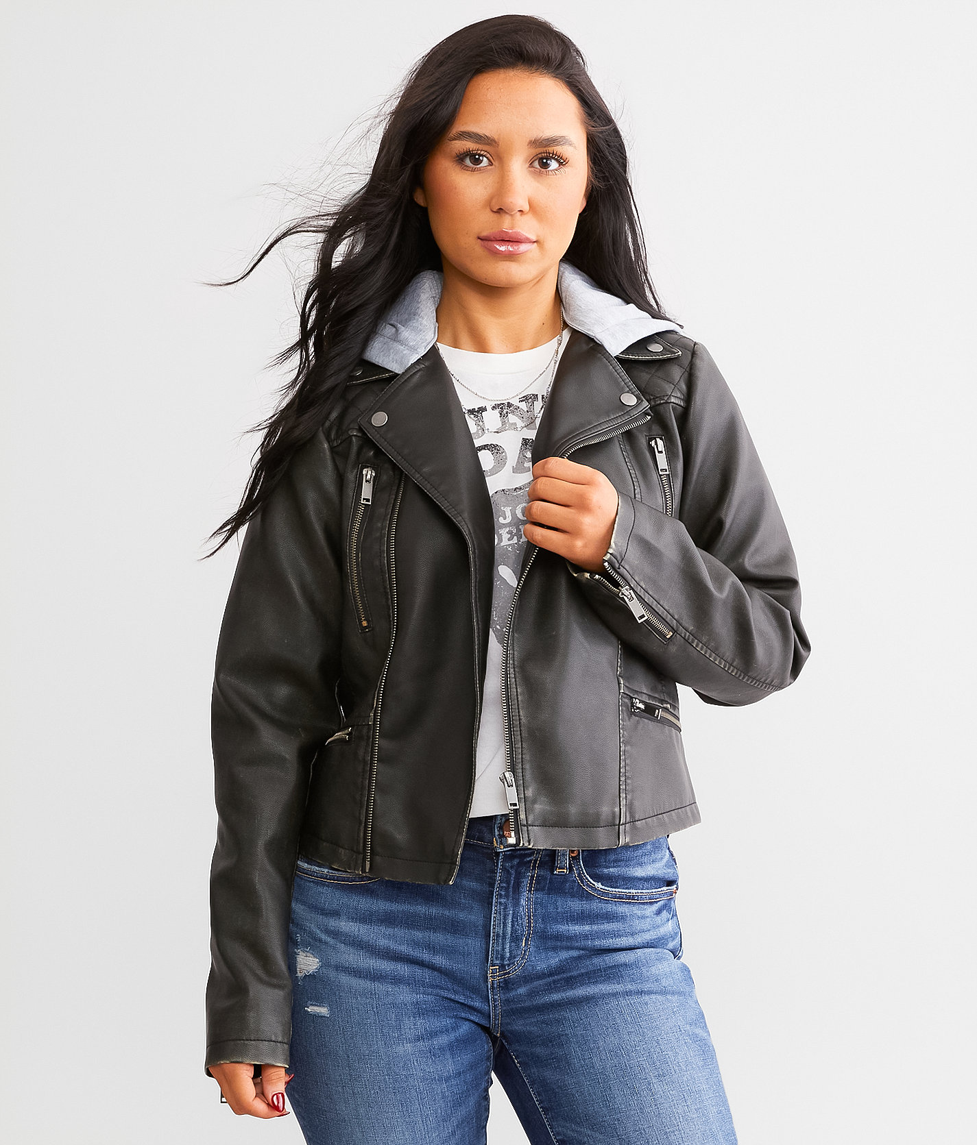 BKE Faux Leather Hooded Jacket - Women's Coats & Jackets in Black