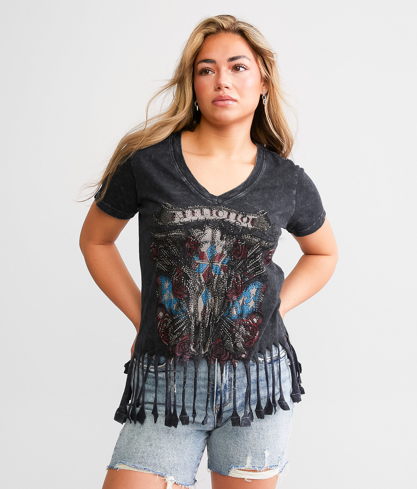 Affliction Little Bighorn Fringe T-Shirt - Women's T-Shirts in Black Lava Wash