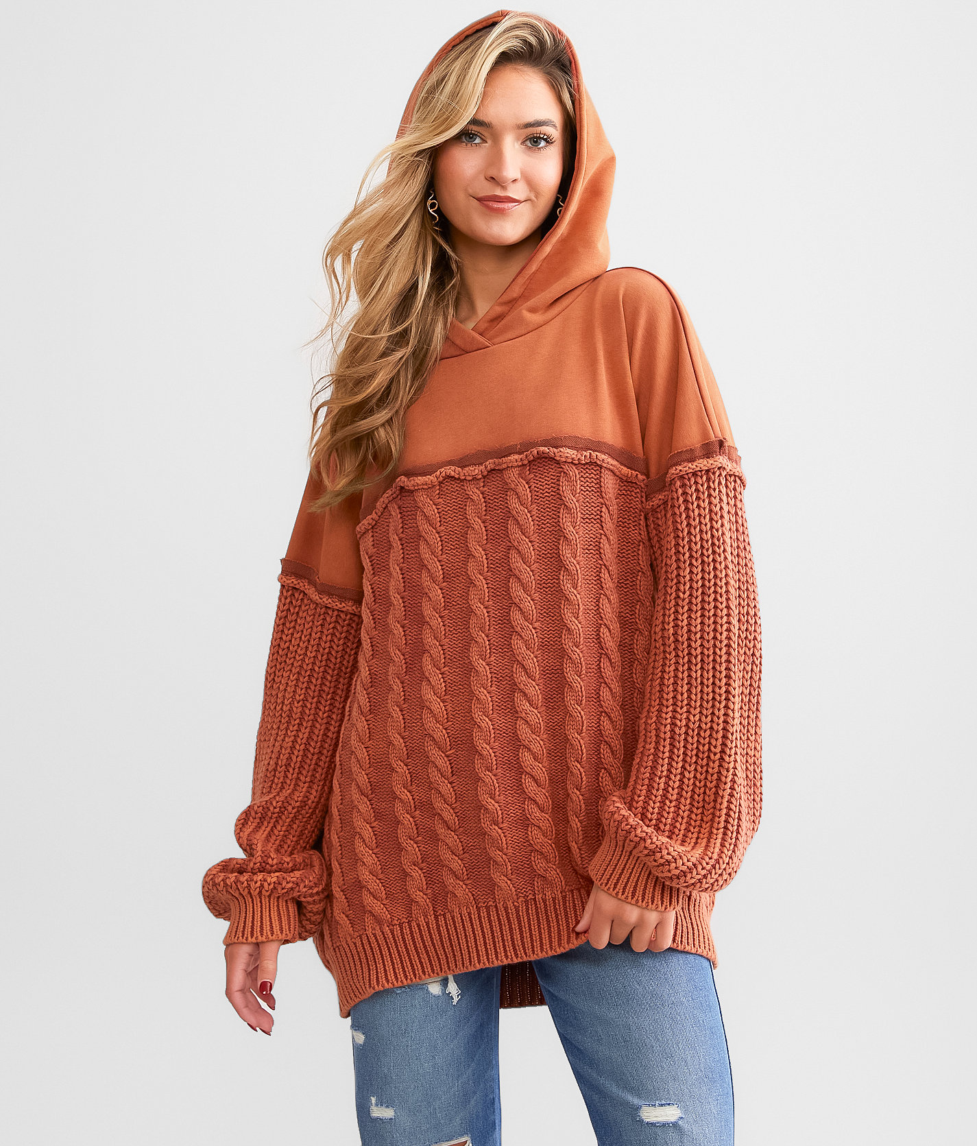 Gilded Intent Cable Knit Hooded Sweater - Women's Sweaters in Clay