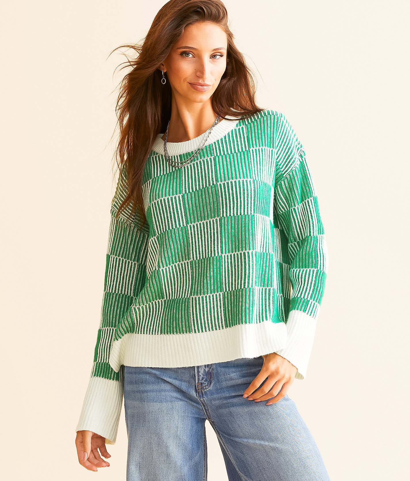 AEMI + CO Checker Ribbed Sweater - Women's Sweaters in Green Cream