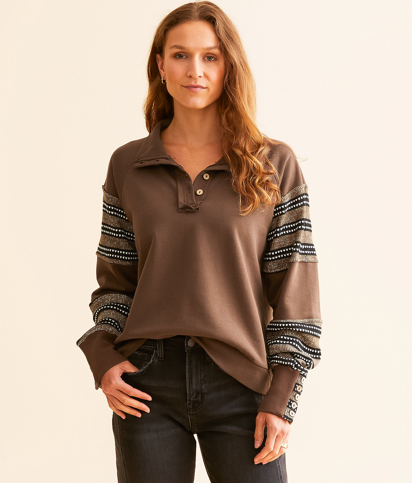 BKE Pieced Sweater Knit Henley Pullover - Women's Sweatshirts in Brown