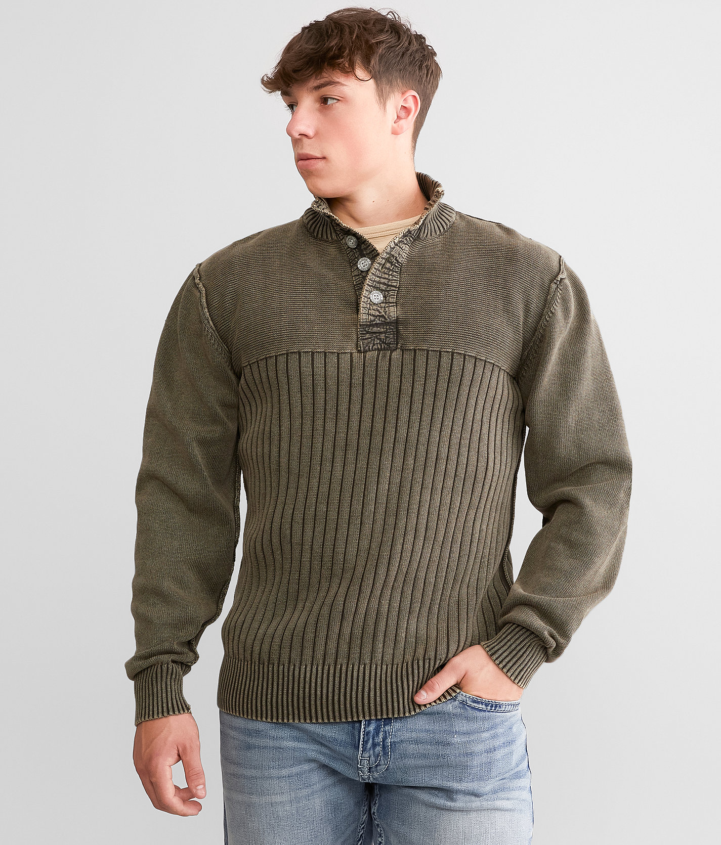 BKE Washed Henley Sweater - Men's Sweaters in Grape Leaf