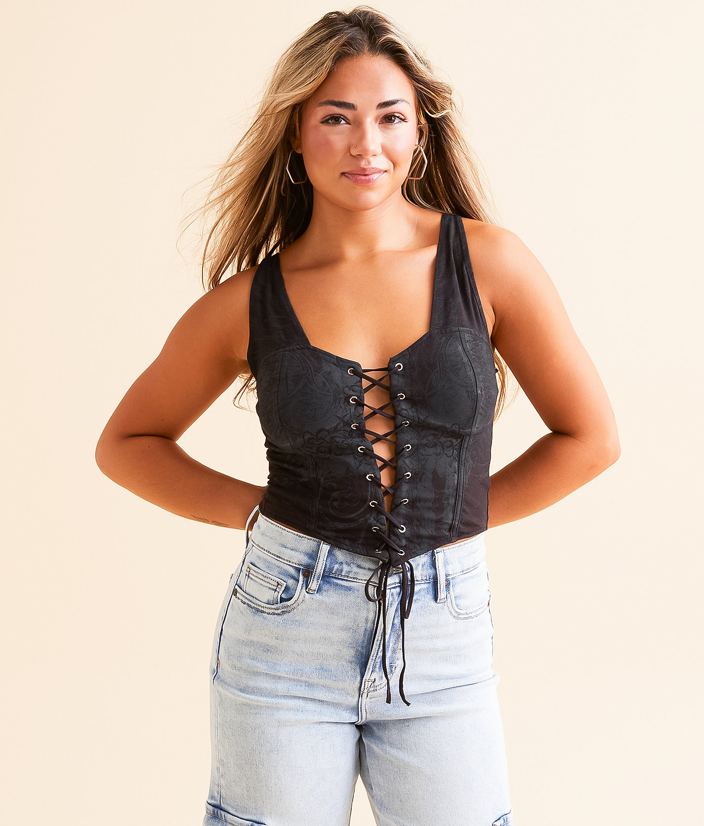 Affliction Grecian Estate Bustier Cropped Tank Top - Women's Tank Tops in Black Heavy Soft Wash