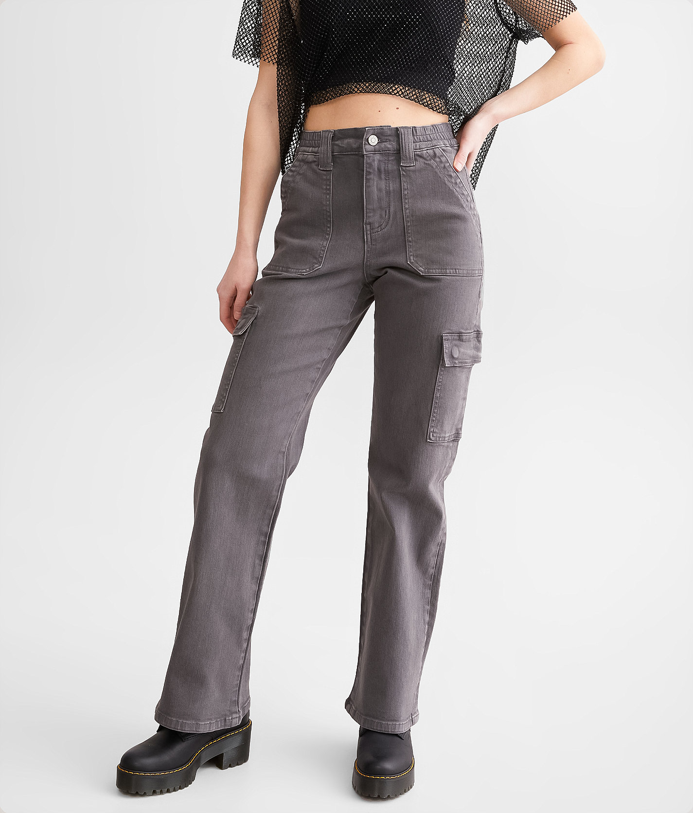 Flying Monkey Ultra High Rise Wide Leg Cargo Stretch Pant - Women's Pants in Pewter