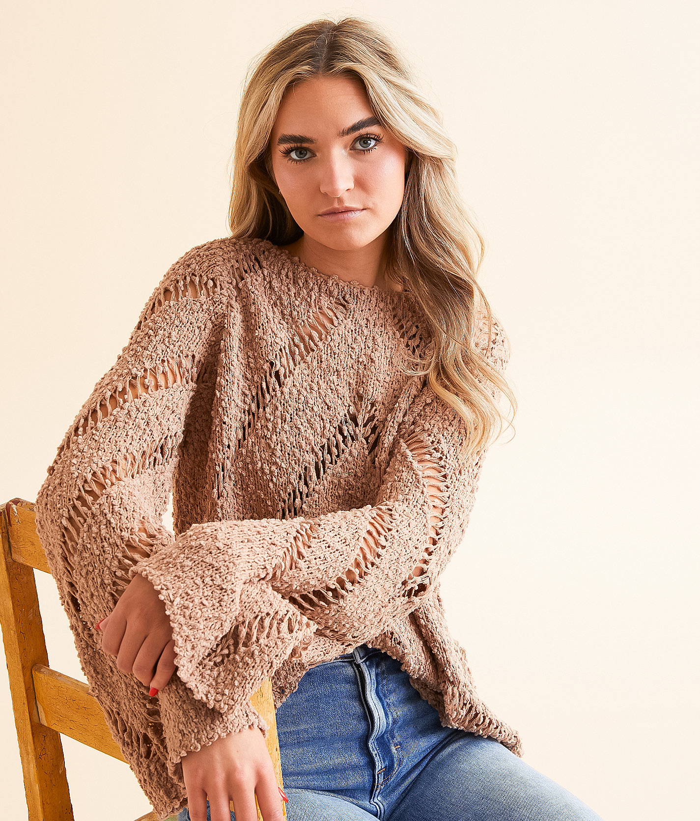 Blue Blush Chevron Nubby Sweater - Women's Sweaters in Chanterelle