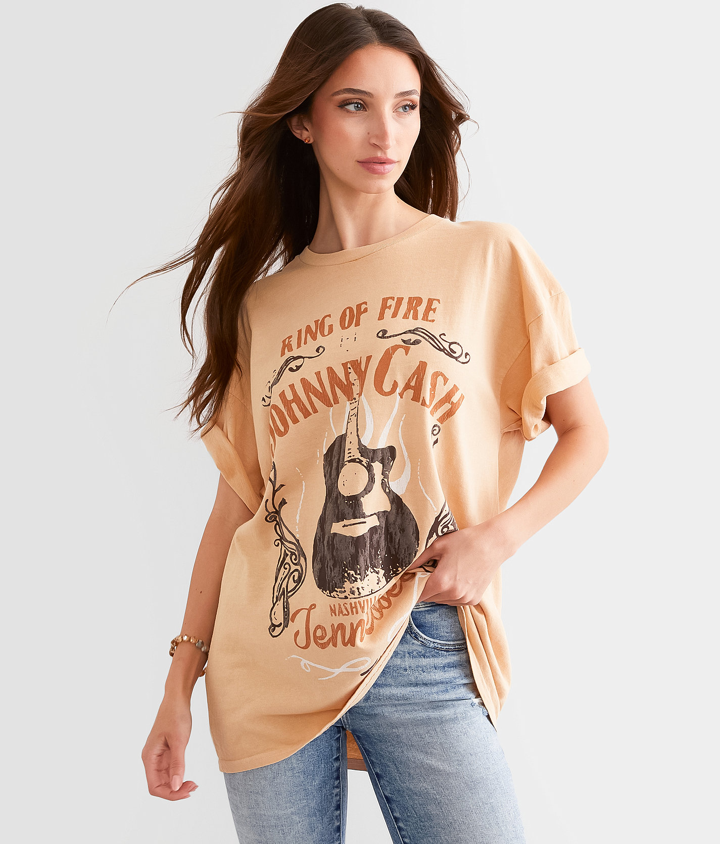 Merch Traffic Johnny Cash Ring Of Fire Band T-Shirt - Women's T-Shirts in Beige