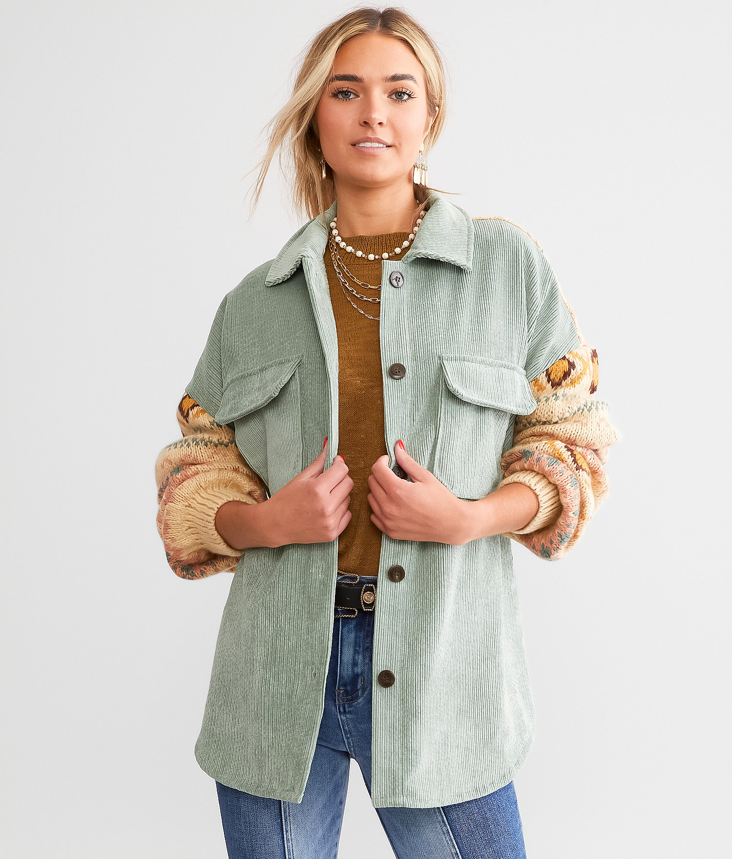 BKE Pieced Corduroy Shacket - Women's Coats & Jackets in Sea Foam Multi