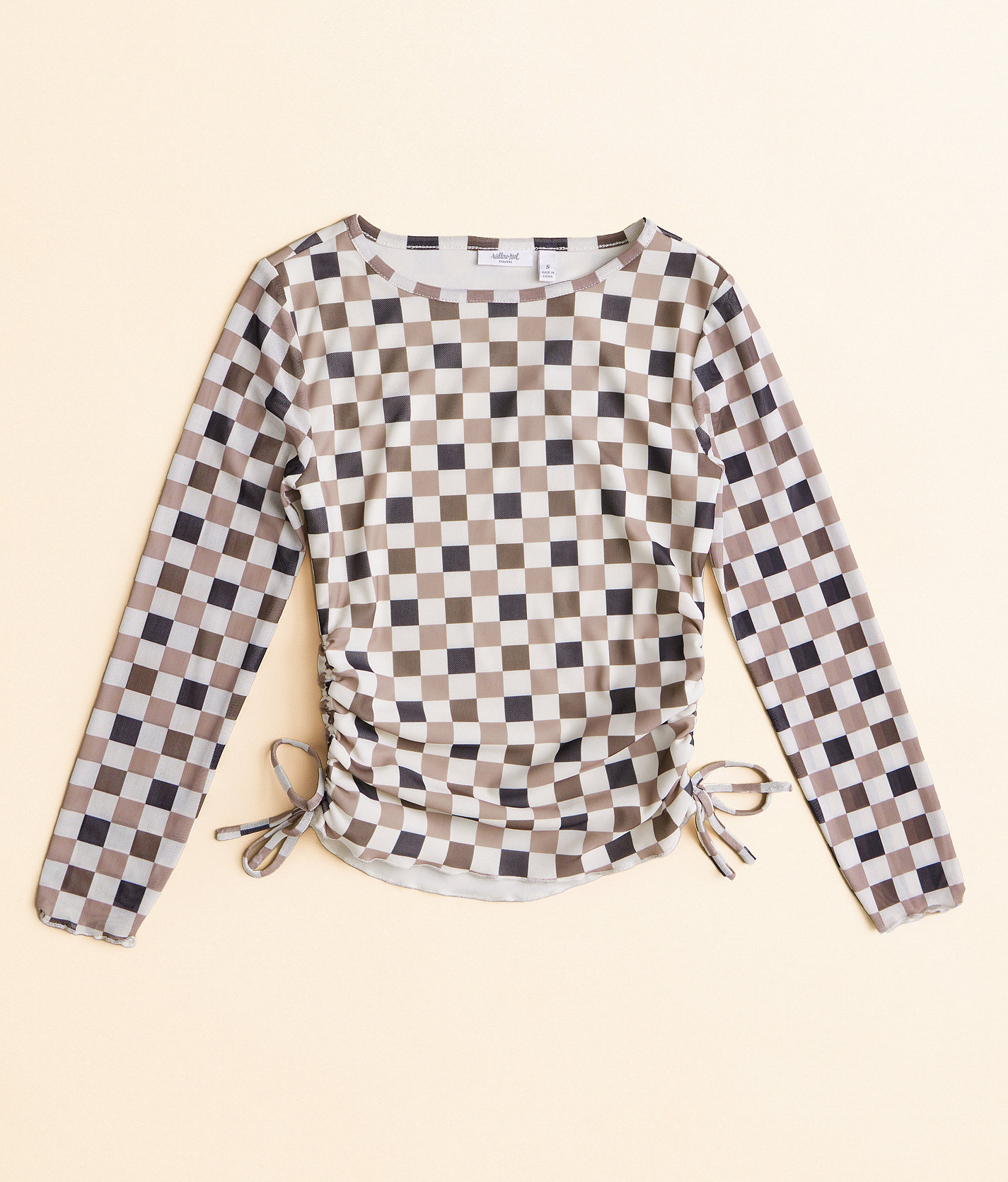 Girls - Willow & Root Checkered Mesh Top - Girl's Shirts & Blouses in Cream Brown