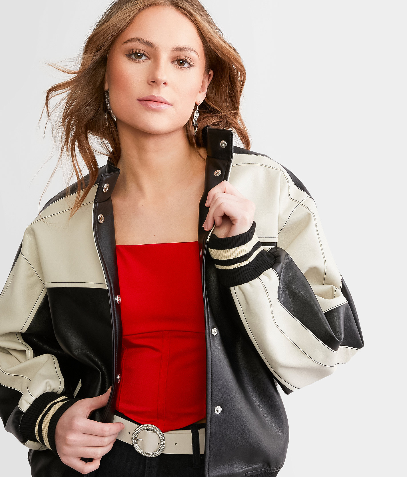 Blu Pepper Faux Leather Color Block Jacket - Women's Coats & Jackets in Black White