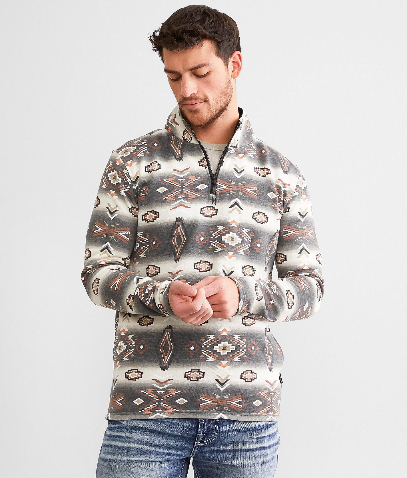 Departwest Southwestern Quarter Zip Pullover - Men's Sweatshirts in Black Brown