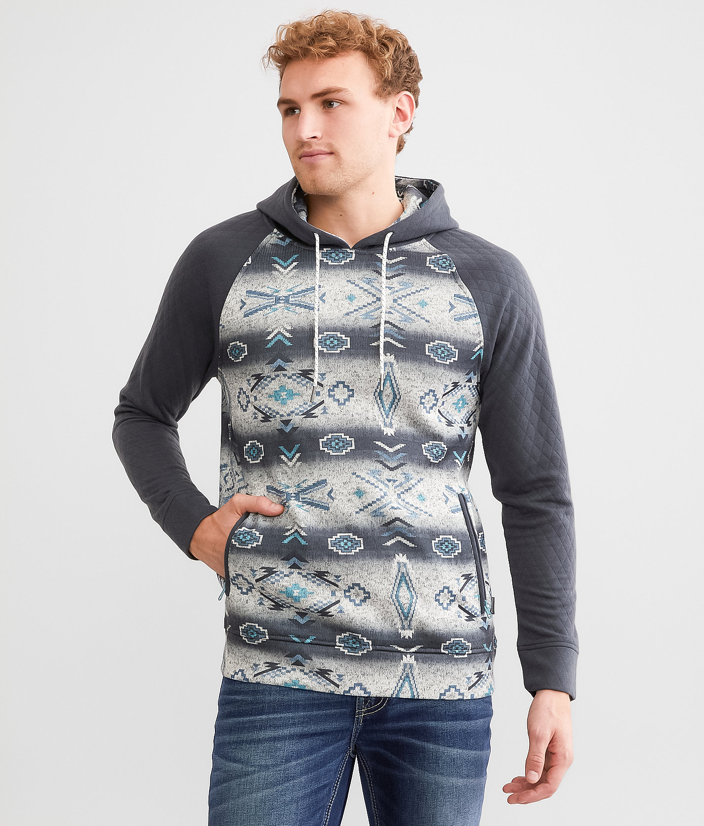 Departwest Quilted Southwestern Hoodie - Men's Sweatshirts in Grey Blue