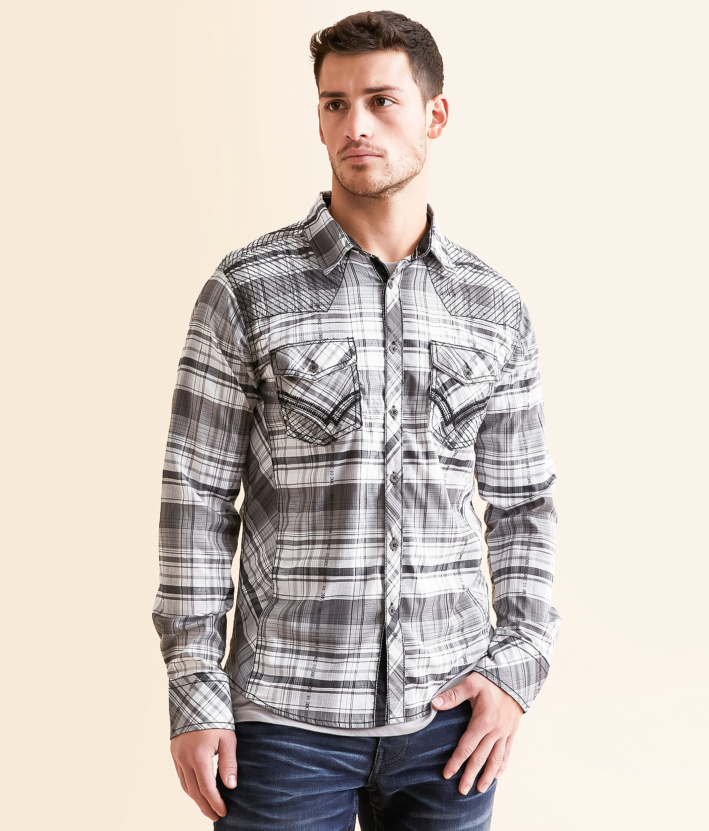 Buckle Black Plaid Tailored Stretch Shirt - Men's Shirts in White Black Grey
