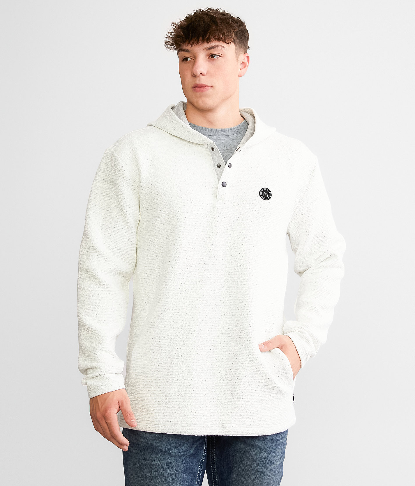 Maven Co-op Textured Henley Hoodie - Men's Sweatshirts in White Grey