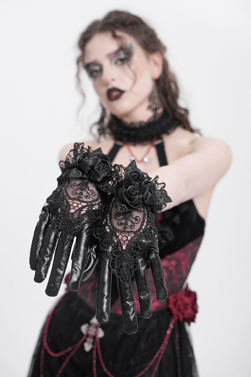 Night Veil Vegan Leather Lace Gloves