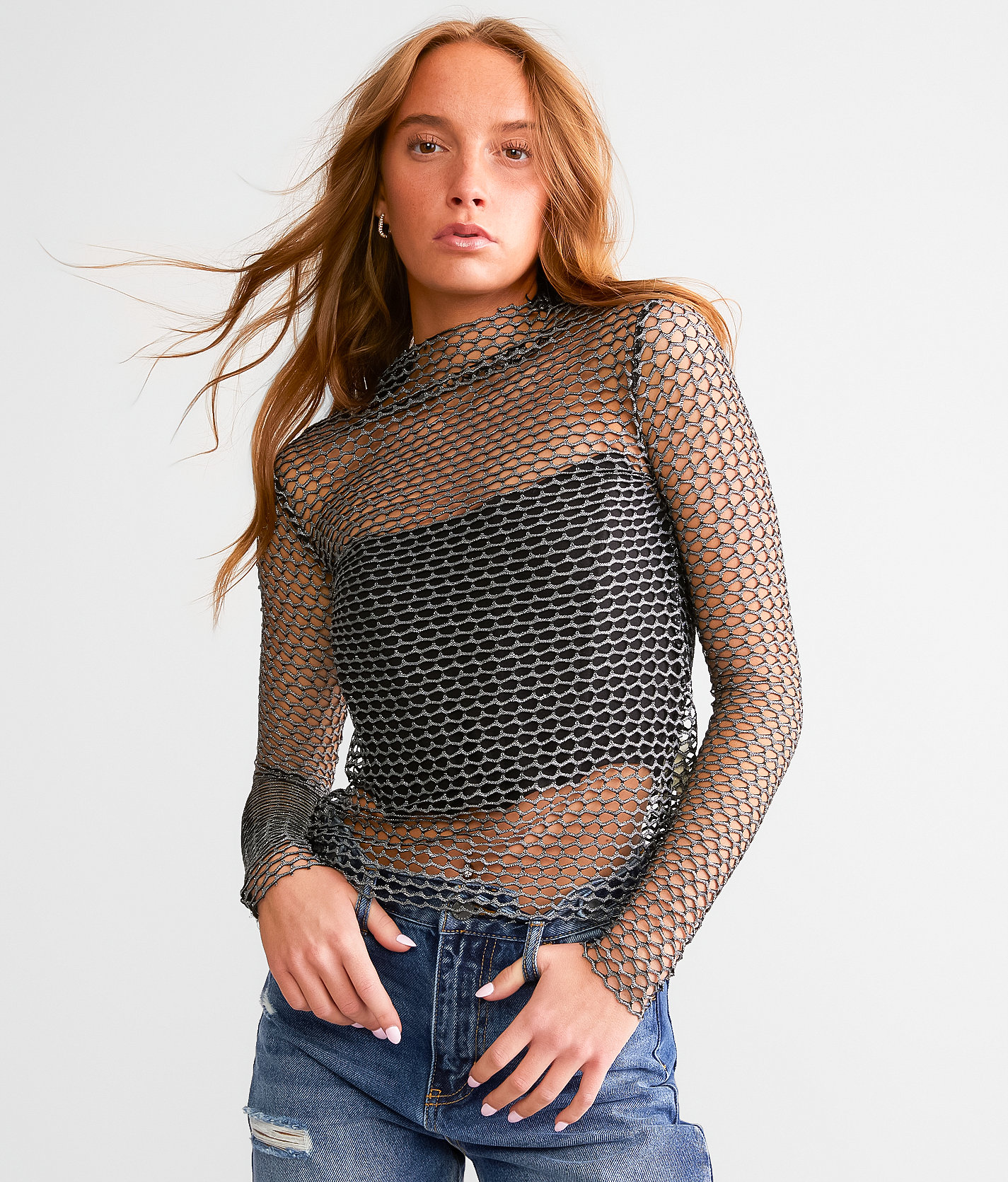 Gilded Intent Metallic Netted Top - Women's Shirts & Blouses in Black Silver