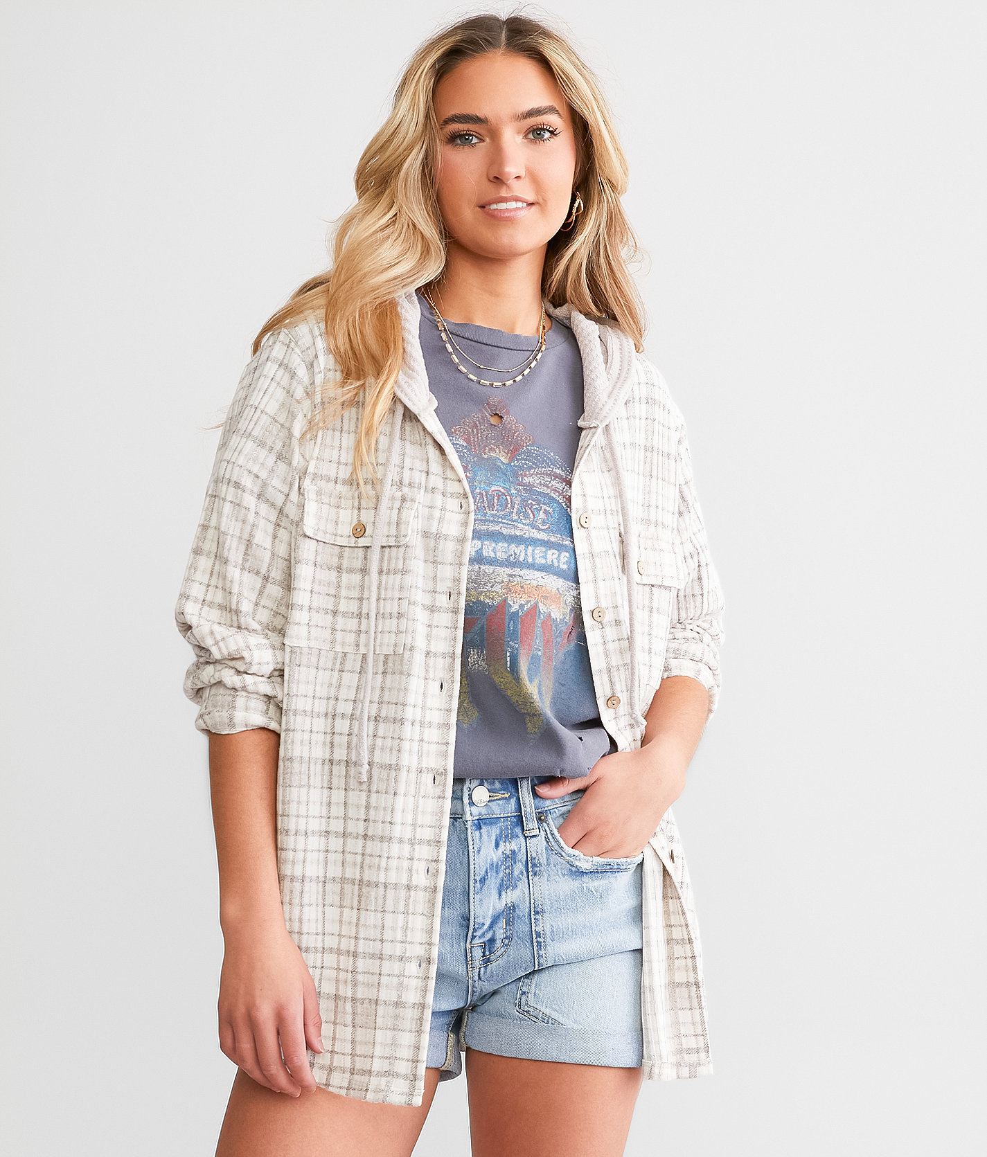 Modish Rebel Hooded Plaid Shirt - Women's Shirts & Blouses in Gray Taupe Cream