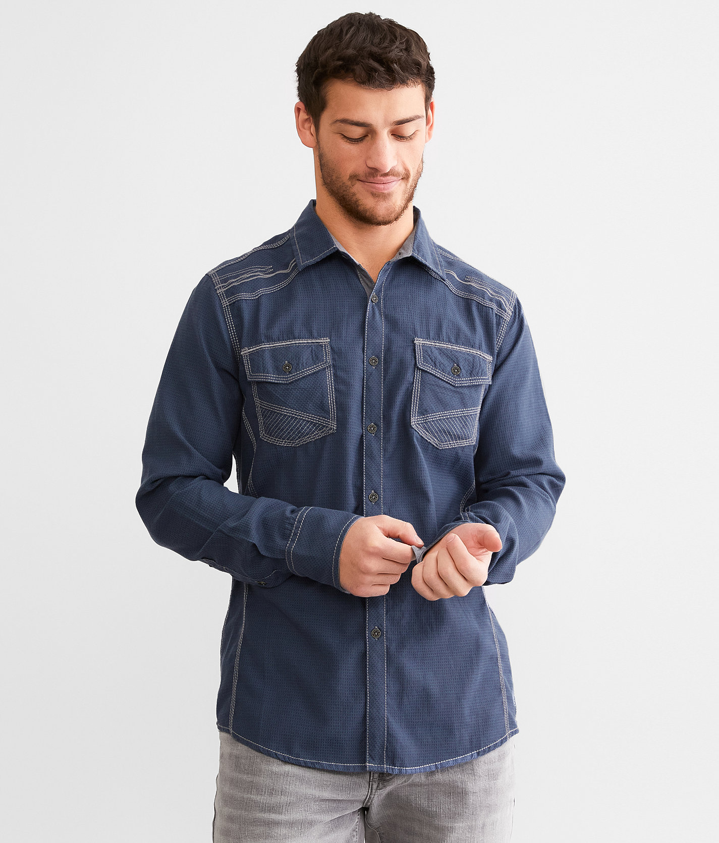 Buckle Black Embroidered Athletic Shirt - Men's Shirts in Blue Navy