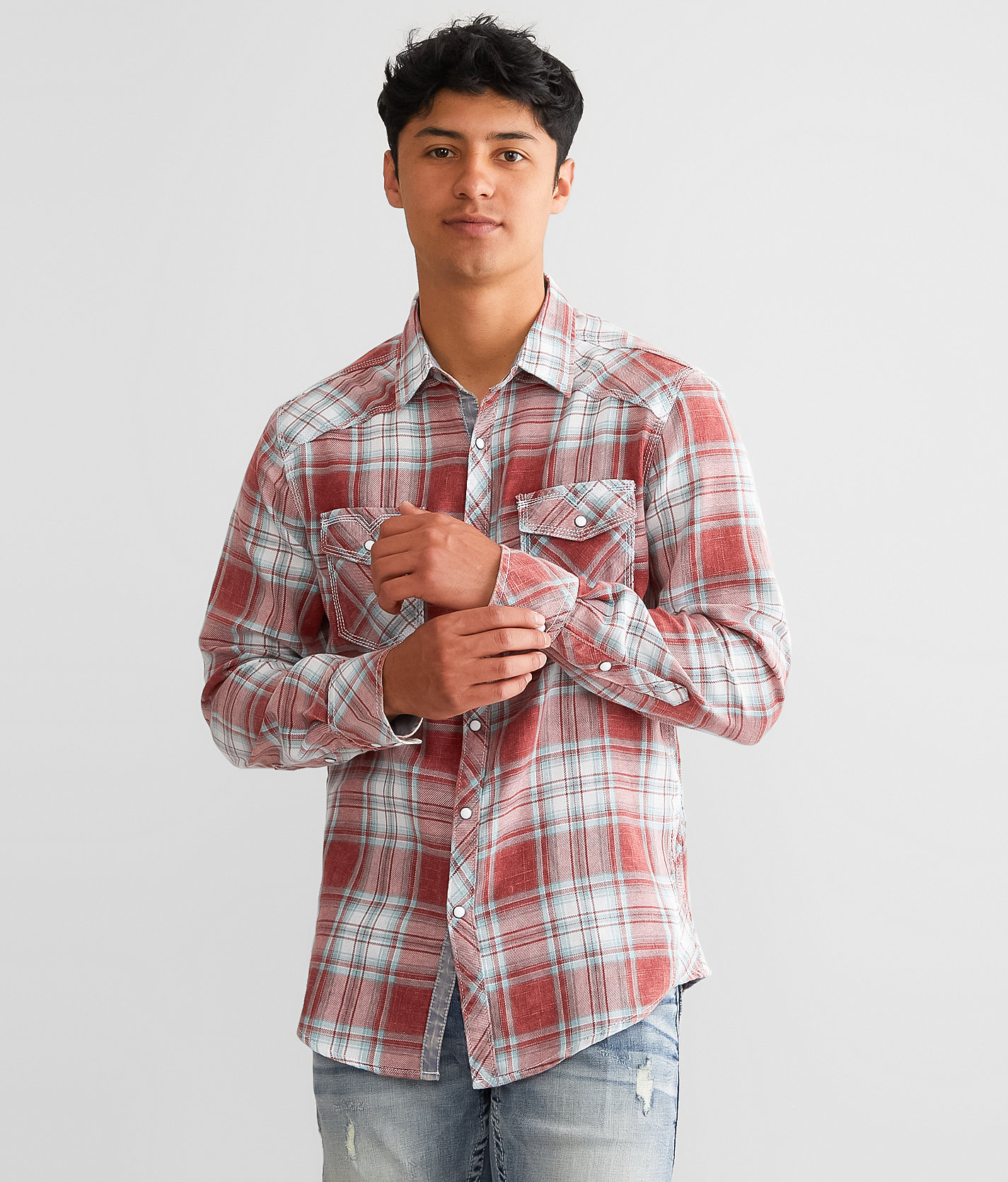 BKE Vintage Washed Plaid Athletic Shirt - Men's Shirts in White Red