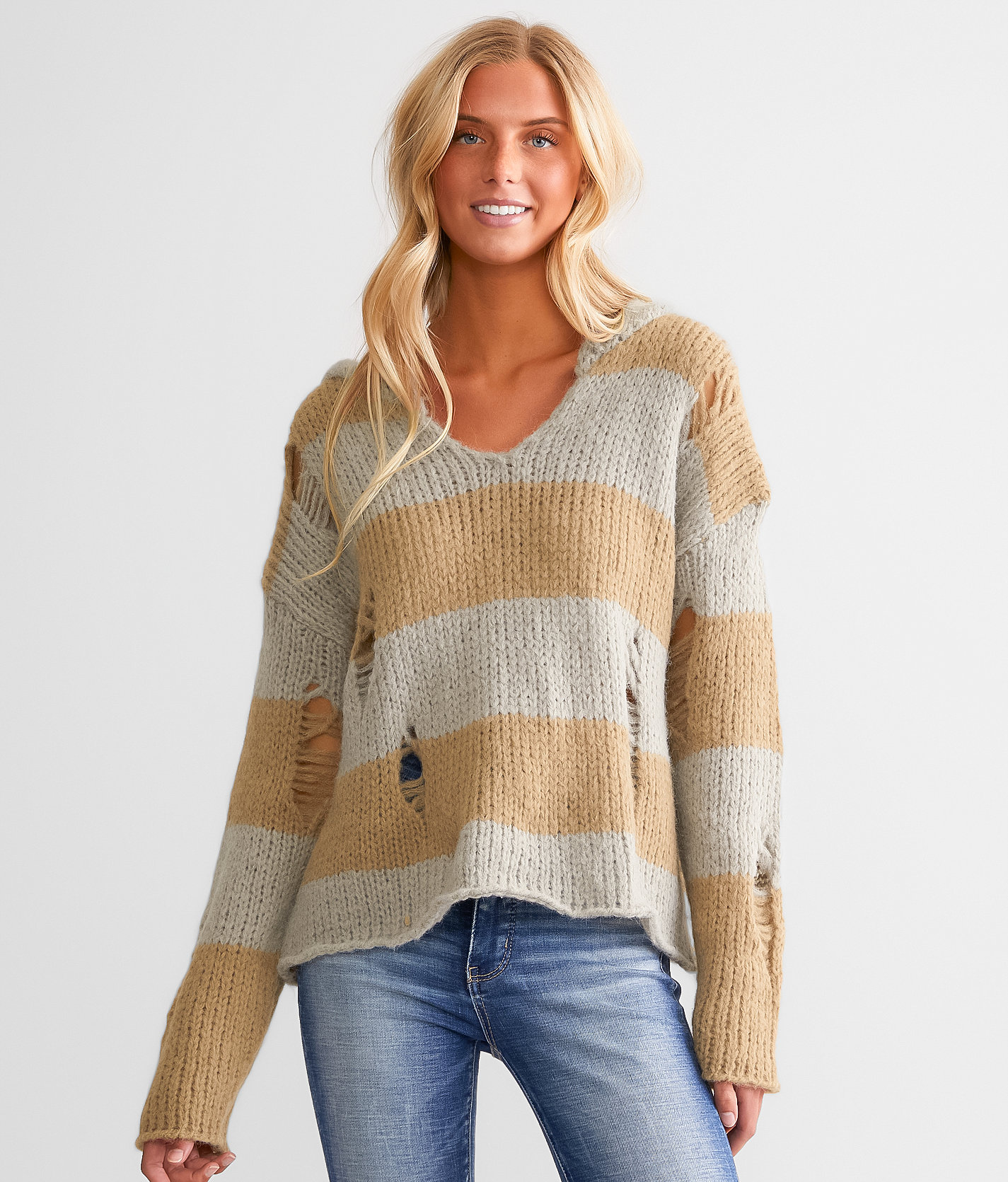 mystree Open Weave Hooded Sweater - Women's Sweaters in Caramel Mix