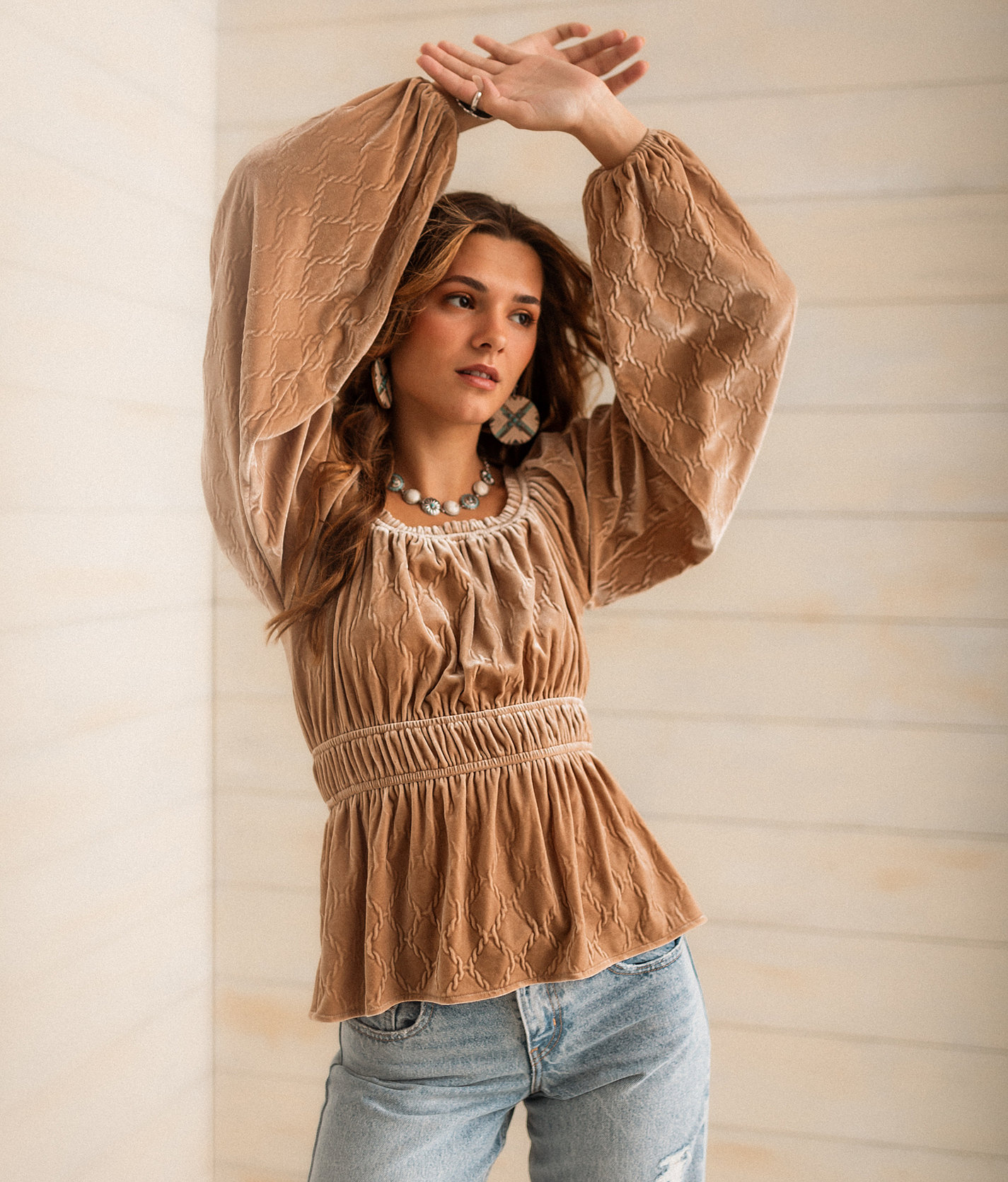 Sterling & Stitch Velvet Peplum Top - Women's Shirts & Blouses in Tan