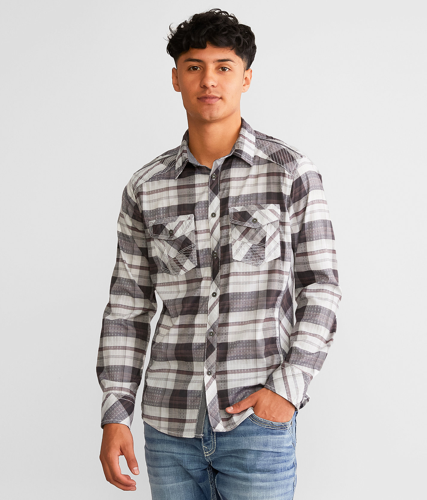 Buckle Black Plaid Standard Stretch Shirt - Men's Shirts in White Black Brown