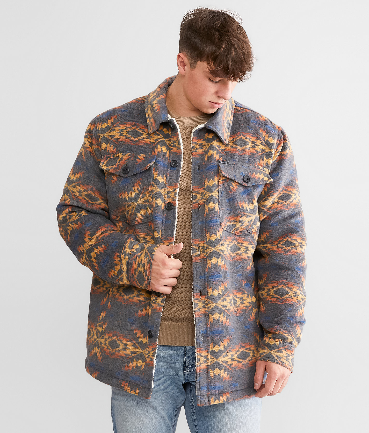 Rock & Roll Denim Aztec Brushed Shacket - Men's Coats & Jackets in Charcoal