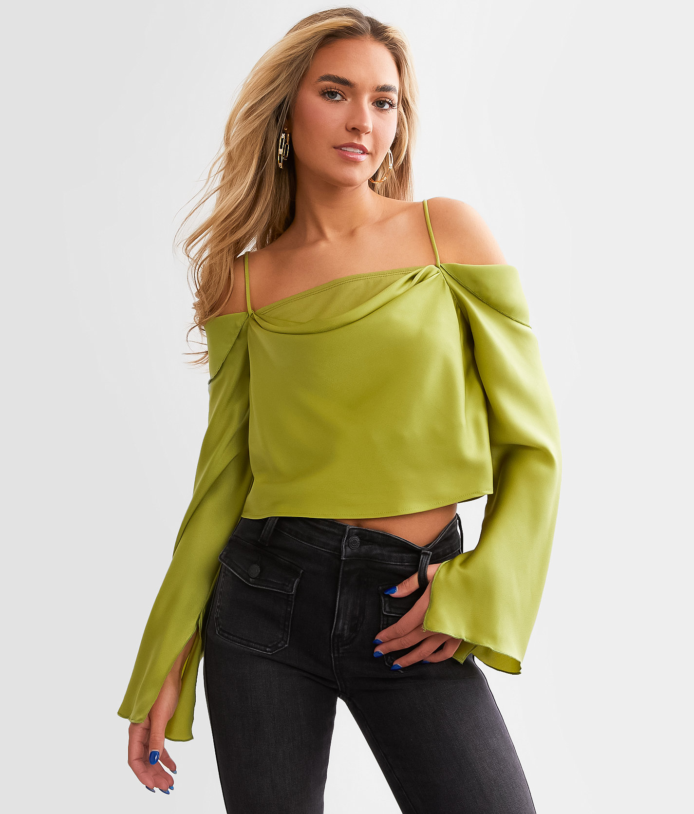 Willow & Root Satin Cold Shoulder Top - Women's Shirts & Blouses in Matcha
