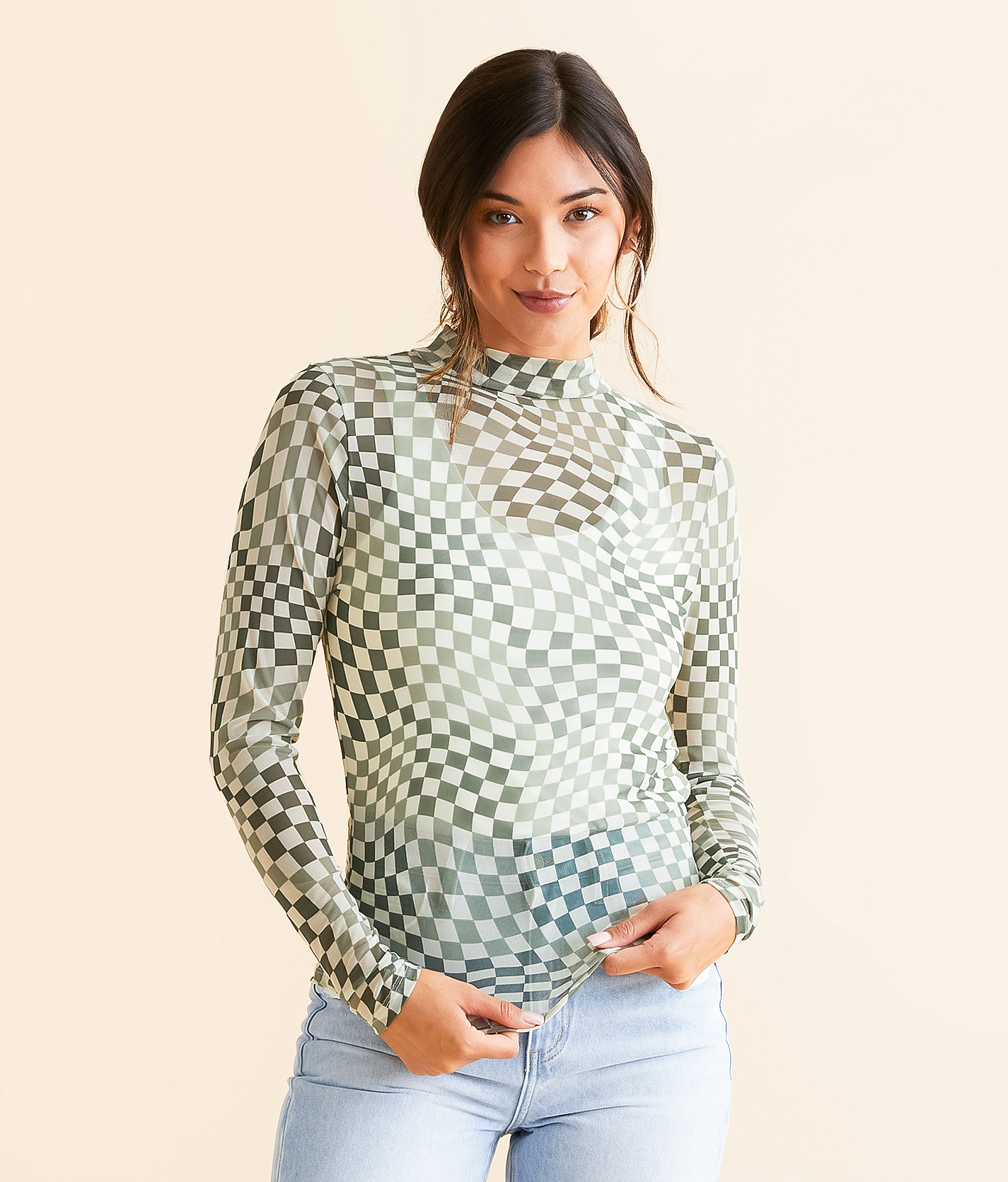 Willow & Root Checker Mesh Top - Women's Shirts & Blouses in Green Cream