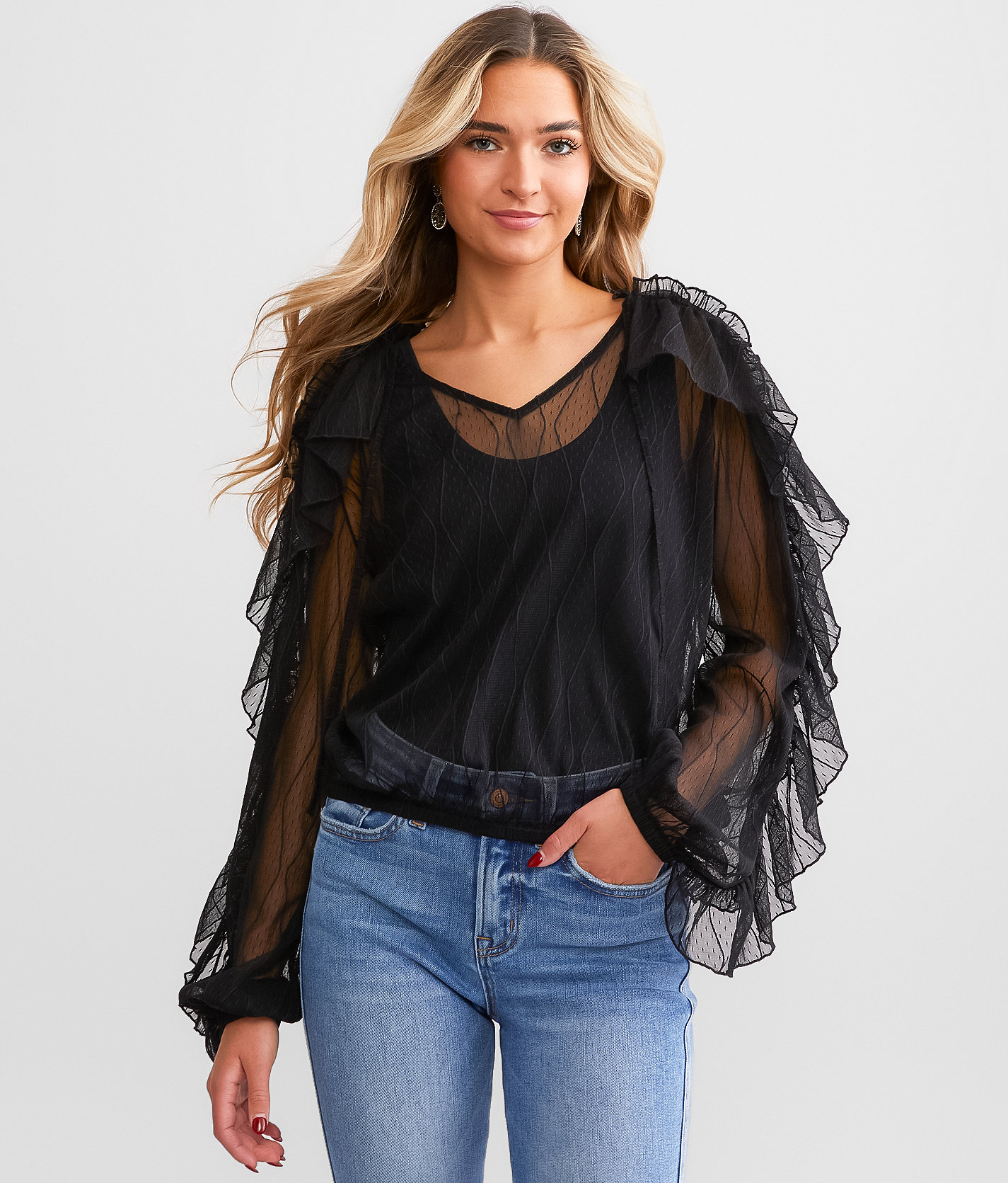 Daytrip Ruffle Mesh Top - Women's Shirts & Blouses in Black