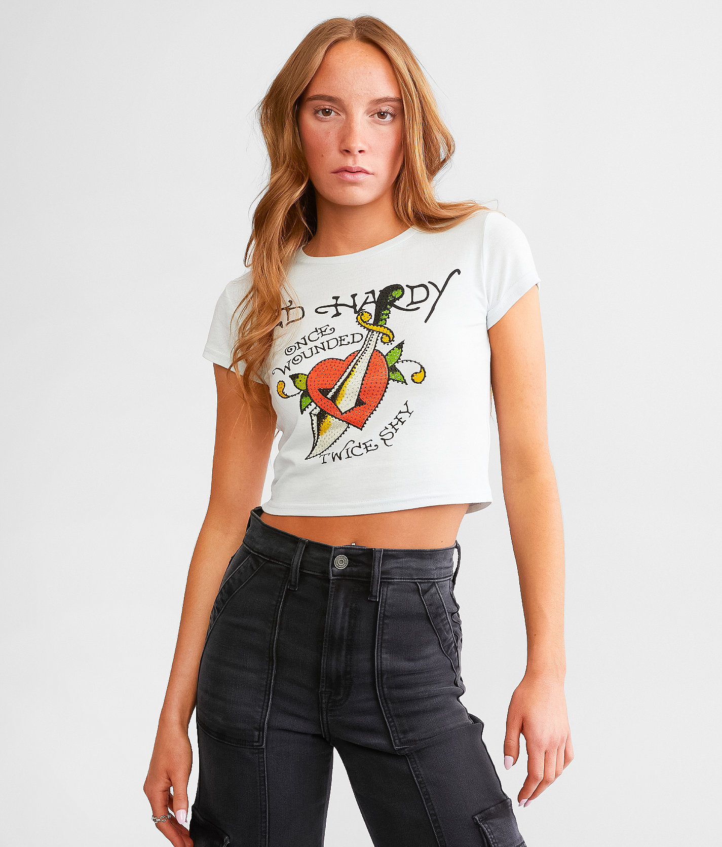 Ed Hardy Twice Shy Cropped T-Shirt - Women's T-Shirts in Arctic Blue