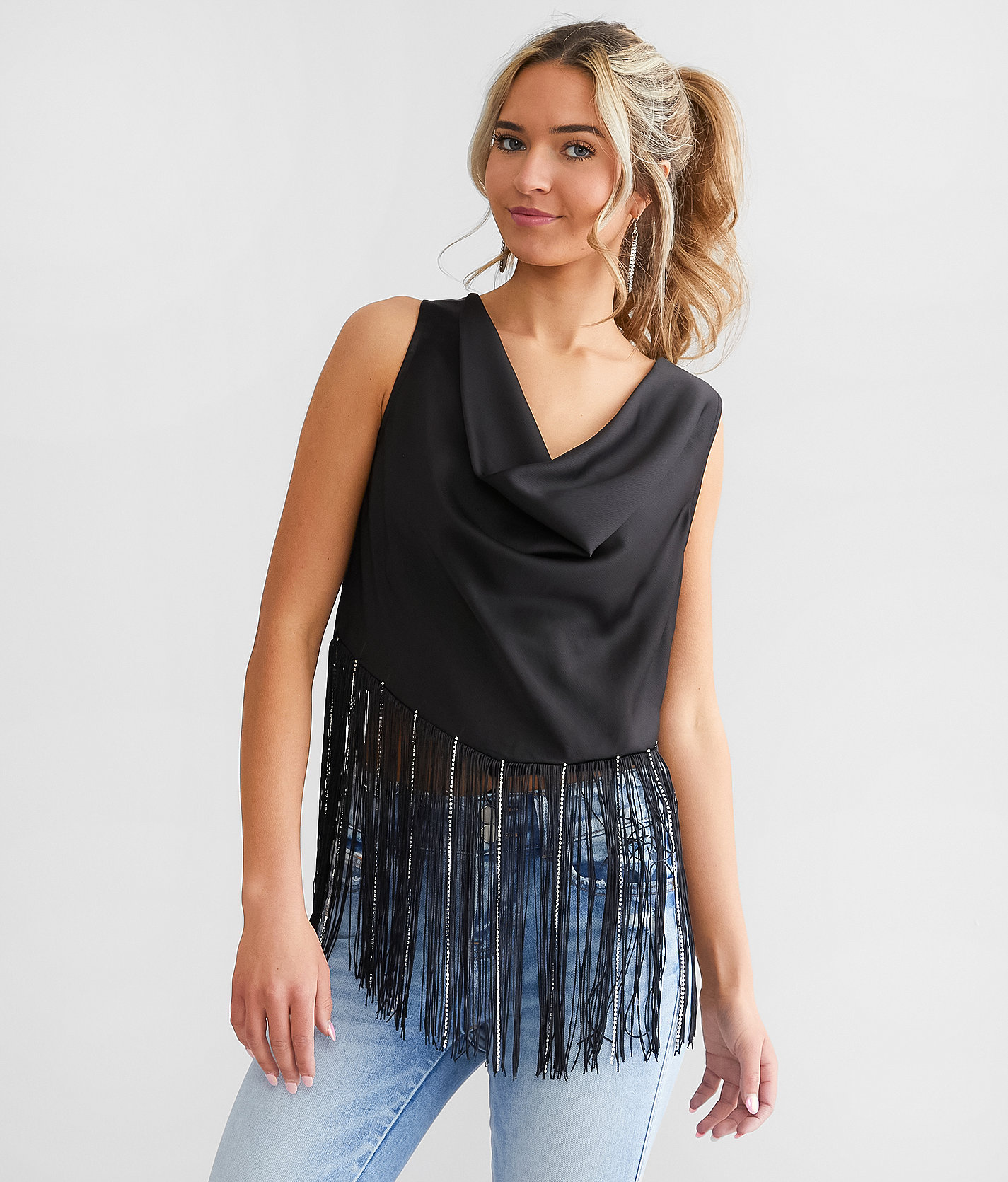 Blue B Rhinestone Fringe Tank Top - Women's Tank Tops in Black