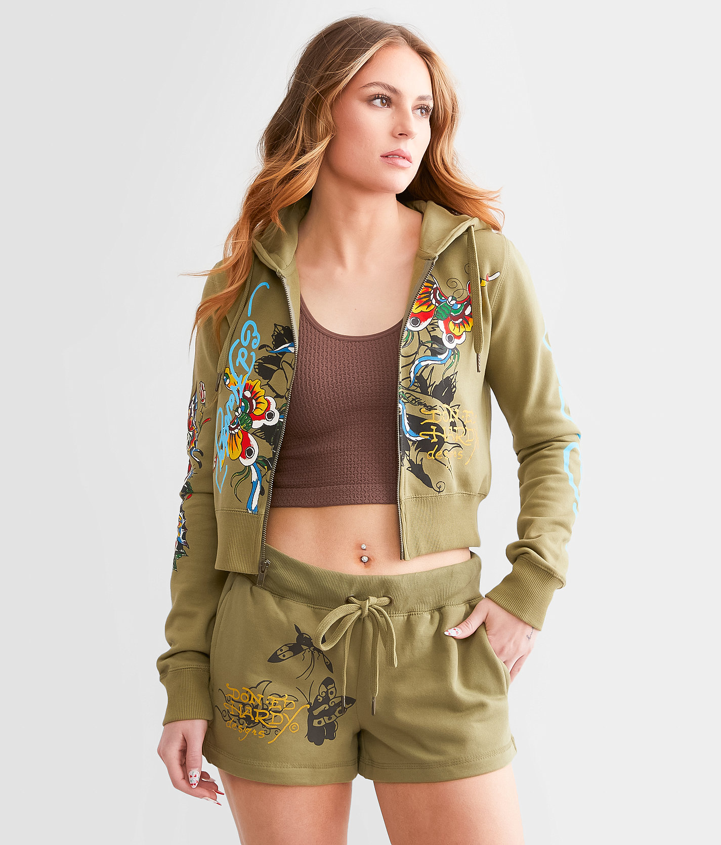 Ed Hardy Butterflies Lounge Short - Women's Shorts in Lt Olive