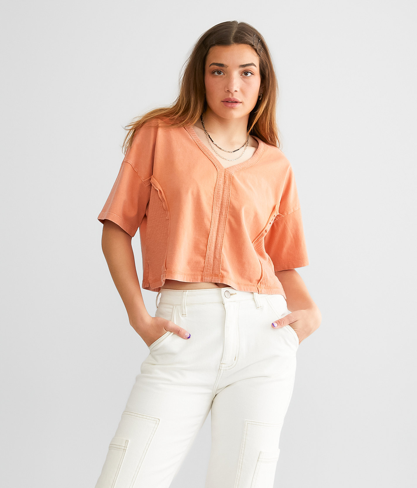 Gilded Intent Washed Boxy Cropped Top - Women's Shirts & Blouses in Mango